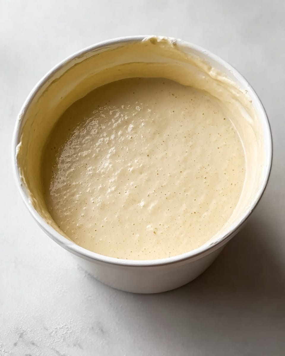 A white bowl filled with light beige, smooth, and slightly thick batter that shows a few small bubbles on the surface. The batter fills most of the bowl, which is placed on a white marbled surface. There is a small drip on the outside edge of the bowl. The lighting softly highlights the texture and creamy look of the batter. photo taken with an iphone --ar 4:5 --v 7