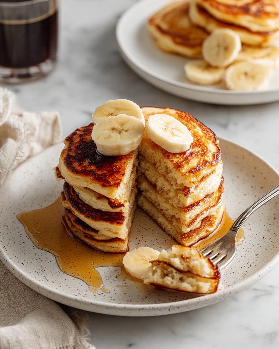 A stack of five golden-brown pancakes sits in the middle of a white speckled plate on a white marbled surface. Three round banana slices rest on the top pancake, which has a small section cut out to reveal the soft, fluffy layers inside. A small cut piece of pancake is on a fork beside the stack. Maple syrup is drizzled around the pancakes, adding shine and a warm amber color. In the background, another white plate with more pancakes and banana slices is slightly out of focus. A glass filled with a dark liquid, likely coffee, appears on the left. Photo taken with an iphone --ar 4:5 --v 7