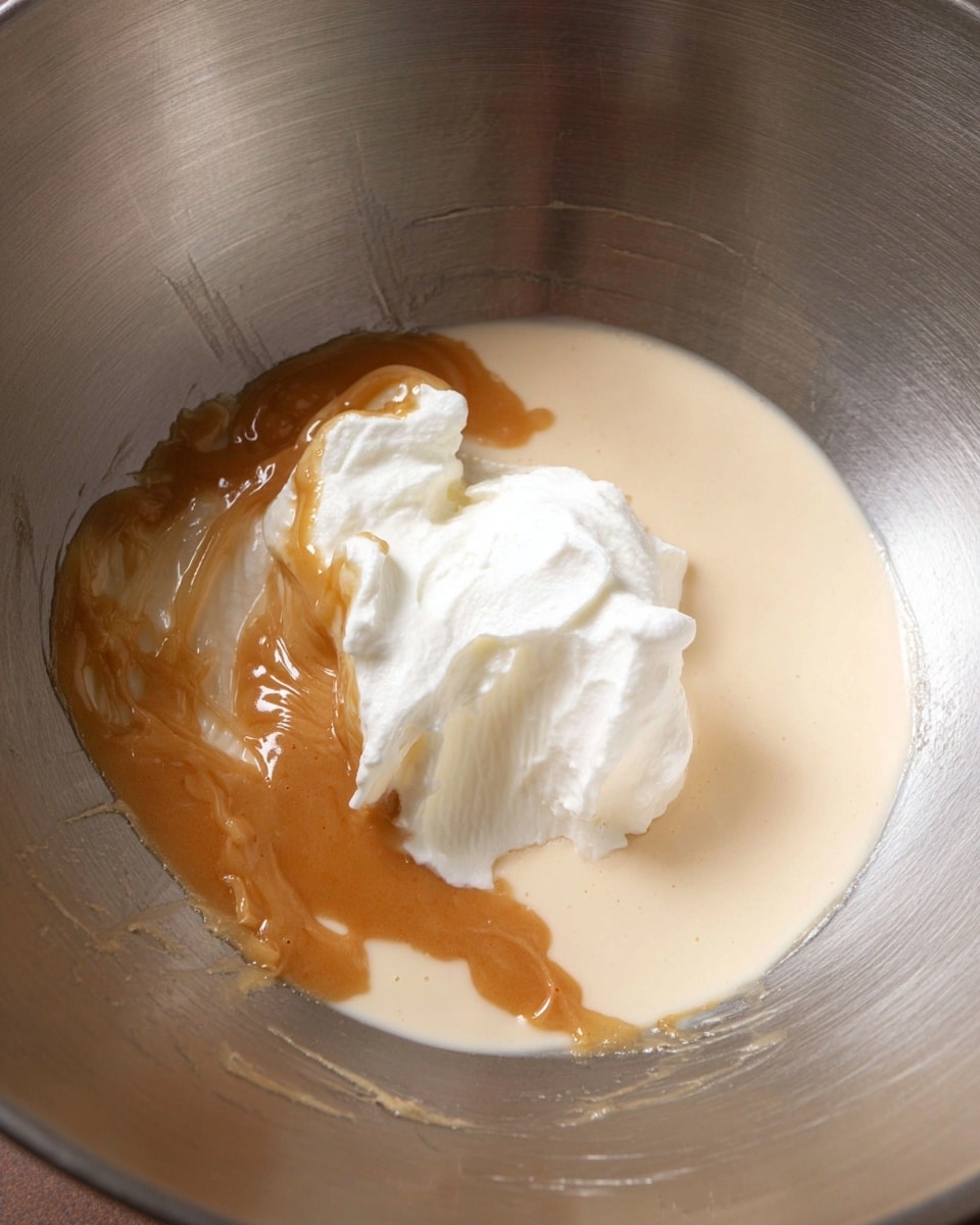 A metal mixing bowl holds three main layers: a smooth, light beige liquid filling about half of the bowl on the right, a thick white creamy dollop sitting on top left of the liquid, and a light brown syrupy layer partially mixing into the creamy white layer and spreading towards the bottom left. The surface around the ingredients inside the bowl is shiny and reflective. photo taken with an iphone --ar 4:5 --v 7