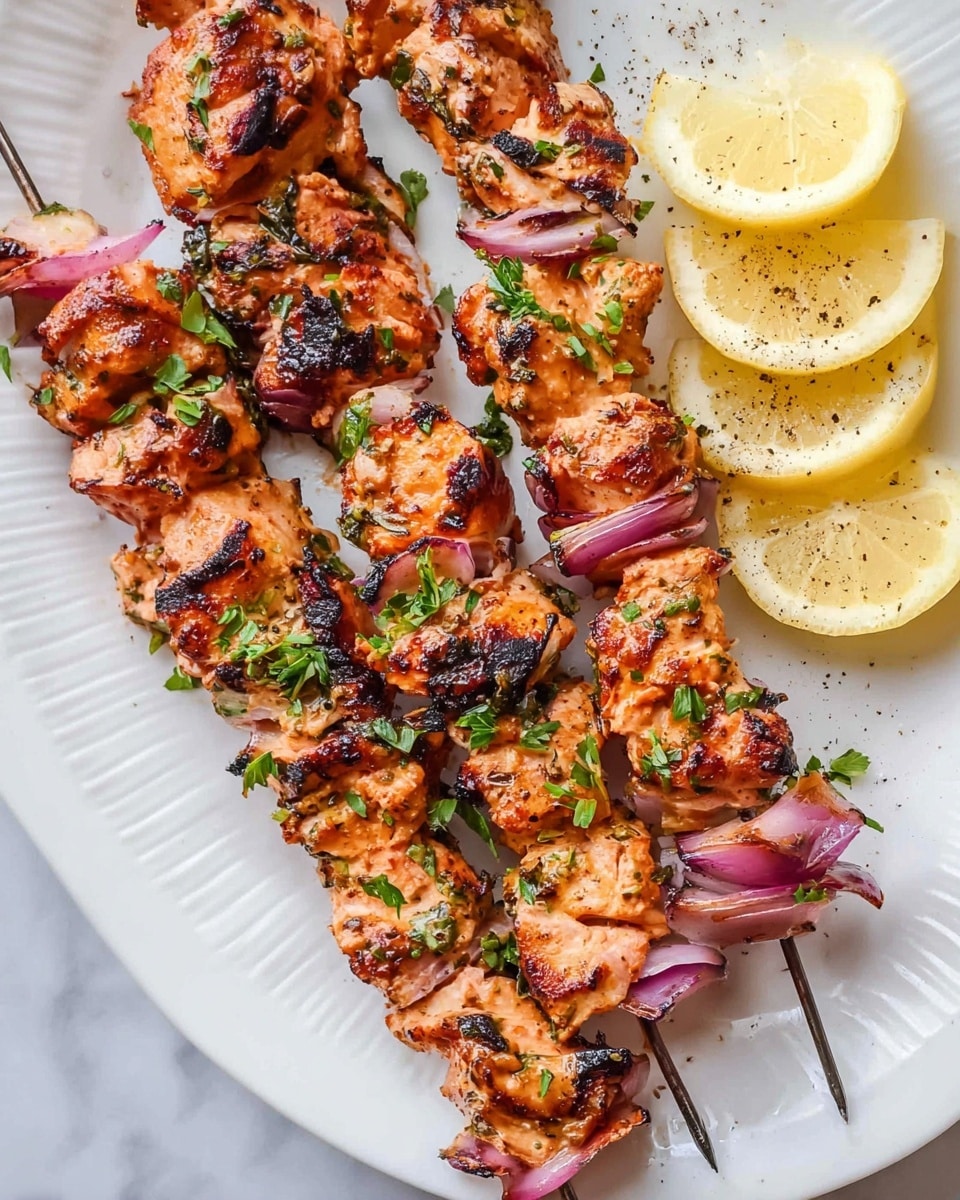 Three skewers with grilled pieces of orange-brown chicken and pinkish-red onion chunks are arranged side by side on a white plate with ridged edges. The chicken looks slightly charred with grill marks, and fresh chopped green herbs are sprinkled over the top. To the right side of the plate, three lemon wedges with visible juice droplets and a sprinkle of black pepper are placed. The background surface is white with a marbled texture. photo taken with an iphone --ar 4:5 --v 7
