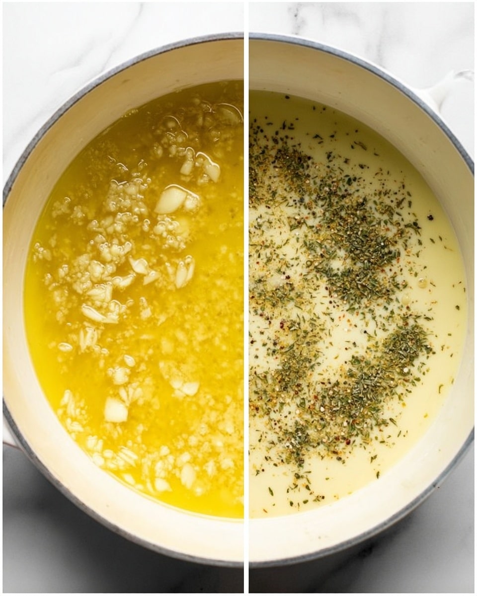The image shows two side-by-side shots of a large white pot on a white marbled surface. The left side displays a melted yellow butter base with small pieces of minced garlic floating on top, creating a textured, slightly shiny surface. The right side shows the pot filled with a creamy pale yellow sauce, sprinkled generously with green herbs and black pepper, giving it a speckled look. The sauce surface looks smooth with tiny bubbles, and the dried herbs are scattered unevenly across the top. Photo taken with an iphone --ar 4:5 --v 7