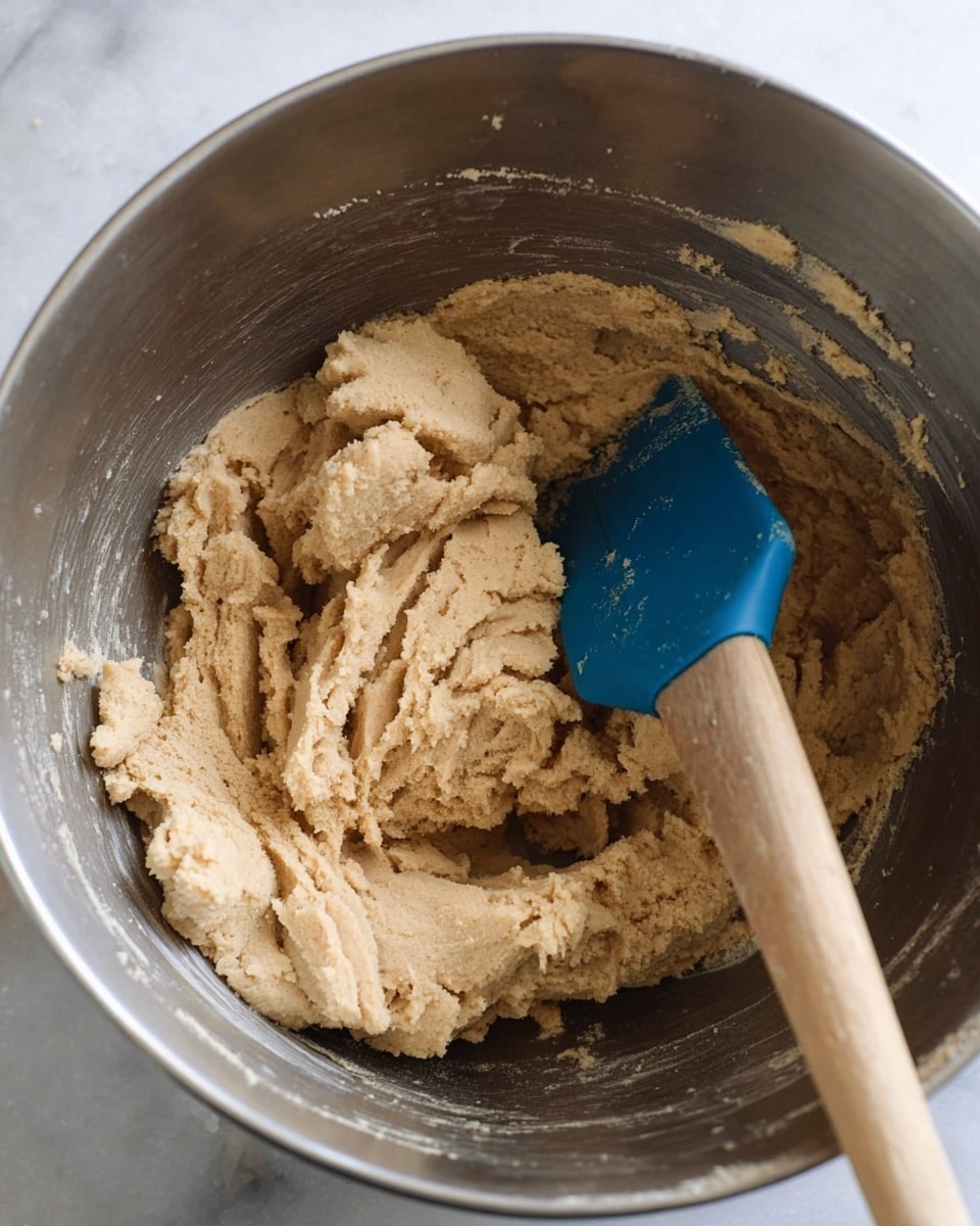 The image shows a large metal mixing bowl filled with thick, light brown dough. The dough has a slightly rough texture with visible small clumps and smooth areas. A blue silicone spatula with a wooden handle is partially buried in the dough, resting against the side of the bowl. The background is a white marbled surface. photo taken with an iphone --ar 4:5 --v 7