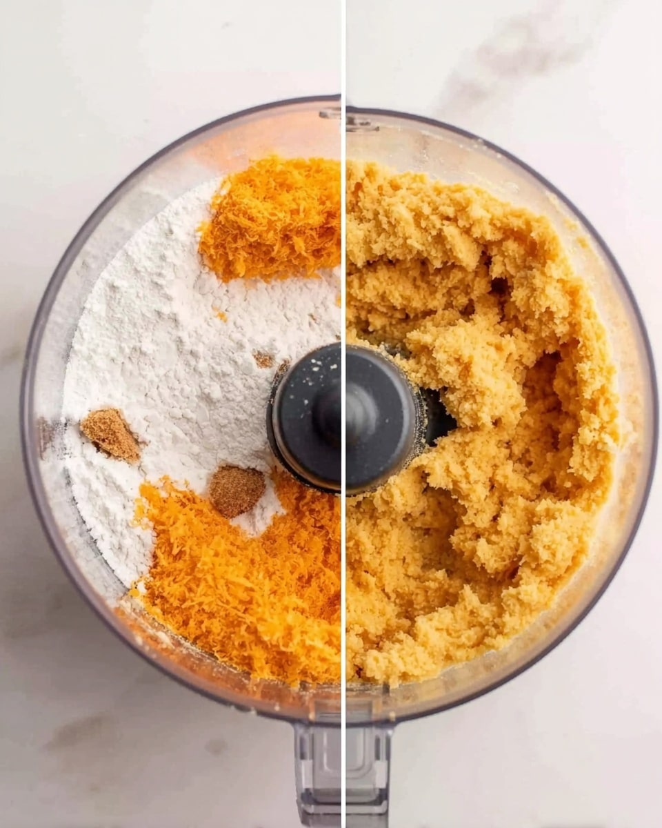 The image shows two clear food processor bowls placed side by side on a white marbled surface. The left bowl contains three distinct layers: a white flour layer on the left side, an orange shredded or grated layer on the right side, and a small brownish chunk near the bottom. The right bowl shows a mixed, crumbly dough with an orange-yellow color filling most of the bowl evenly. Both bowls have a black center blade. Photo taken with an iphone --ar 4:5 --v 7
