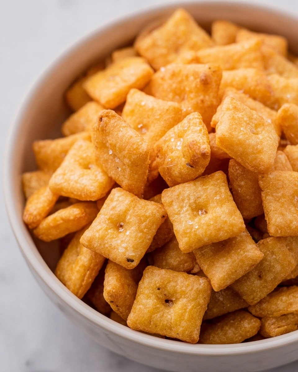 A close-up view of a bowl filled with small, square crunchy snacks that are golden brown in color with a slightly rough texture and tiny holes in the center of each piece. The white bowl has a smooth surface and a soft round edge. The snacks have a light sprinkling of salt crystals visible on their surface. The bowl is placed on a white marbled background. photo taken with an iphone --ar 4:5 --v 7