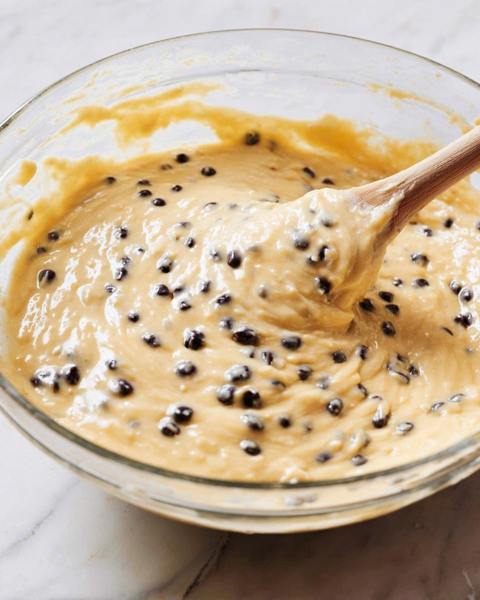 A clear glass bowl filled with a thick, creamy batter that has a light yellow color mixed with many small dark chocolate chips spread evenly throughout. A wooden spatula is stirring the batter, with some batter coating the spatula, showing its soft and smooth texture. The bowl is placed on a white marbled surface, and the motion of stirring adds a gentle texture to the batter's surface. photo taken with an iphone --ar 4:5 --v 7