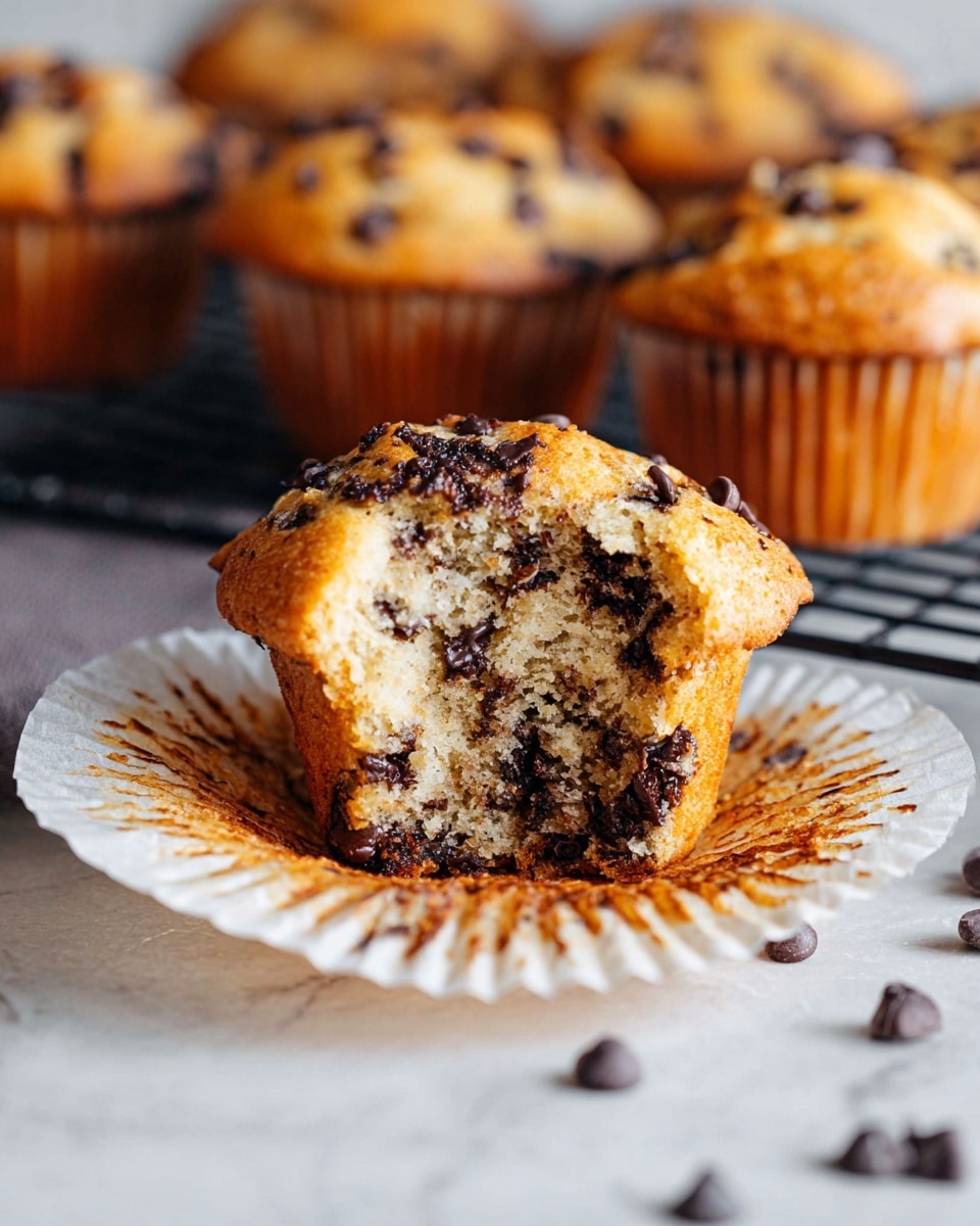 A close-up shot of a golden-brown chocolate chip muffin with a rough textured top filled with dark, melted chocolate chips, sitting on an open white paper muffin liner with brown baking marks. The muffin is torn open in front, showing a soft, moist inside with lots of dark chocolate bits mixed through the light tan cake. There are several similar muffins blurred in the background on a black wire rack over a white marbled surface, with some loose chocolate chips scattered below. The photo taken with an iphone --ar 4:5 --v 7