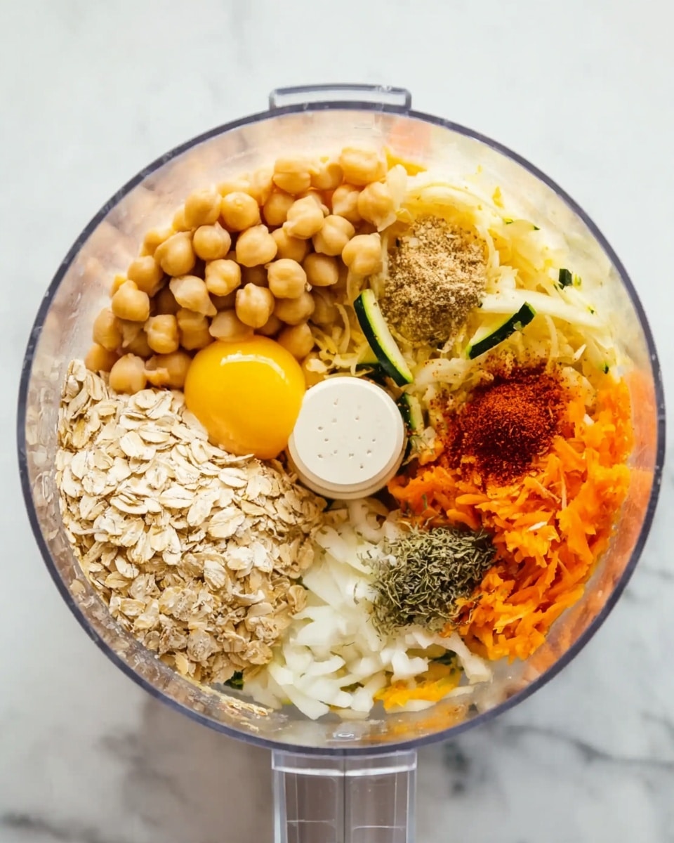 The image shows a clear food processor bowl from above, filled with different ingredients in separate sections. There are light brown chickpeas on one side, next to a heap of pale oat flakes. Two raw yellow egg yolks sit close to some shredded orange carrots and green zucchini. Near the center, there are chopped white onions, dried herbs, and a small pile of red spice. The background is a white marbled surface. Photo taken with an iphone --ar 4:5 --v 7