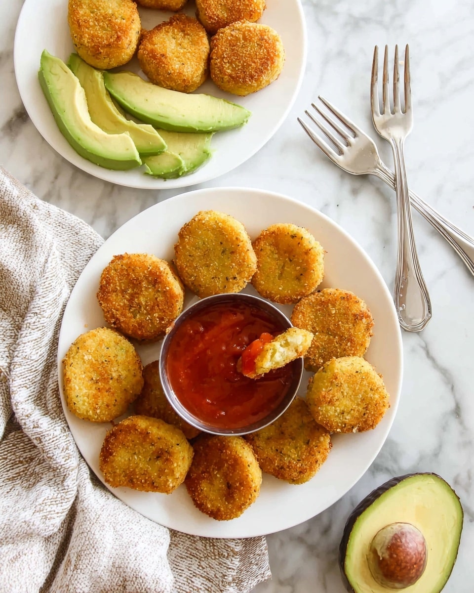 This image shows two white plates on a white marbled surface. The main plate is full of golden-brown small round fritters arranged in a half-circle around a small metal bowl filled with bright red dipping sauce. One fritter is dipped halfway into the sauce. There is a light textured cloth under this main plate. The second plate, placed above, holds three fritters and three slices of fresh green avocado. Two silver forks are placed on the right side of the image. The bottom right corner shows half an avocado with its green flesh and brown seed visible. Photo taken with an iphone --ar 4:5 --v 7