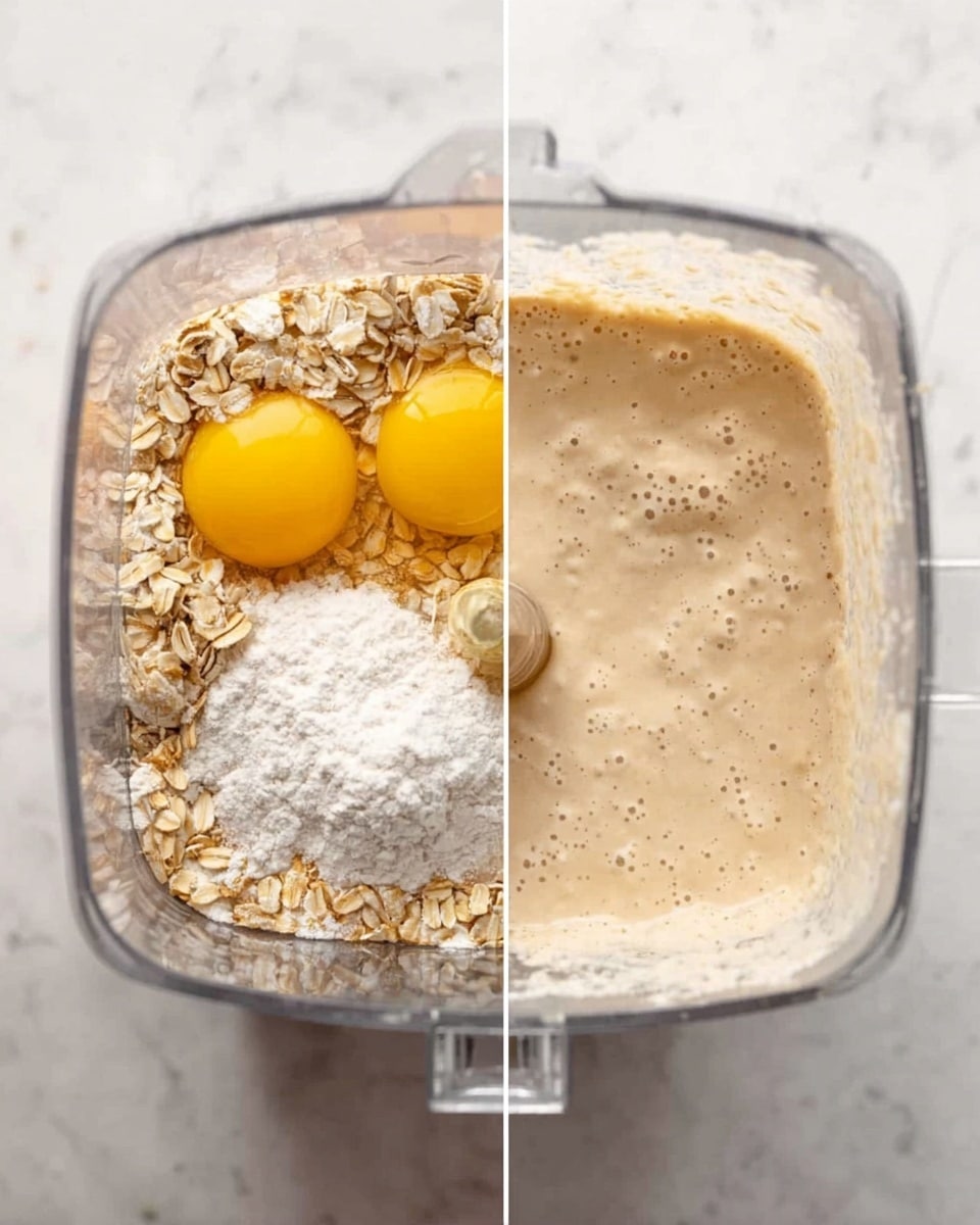 The image shows a clear blender container with ingredients before and after mixing. On the left, the blender contains whole raw oats, two cracked yellow eggs, white powder (likely baking powder or flour), and a liquid that looks like milk or water all layered separately with the oats around the sides and the eggs and powder more toward the center. On the right, the blender holds a light beige, smooth batter with a slightly frothy surface from blending, filling about half the container. Both images are set on a white marbled surface. Photo taken with an iphone --ar 4:5 --v 7