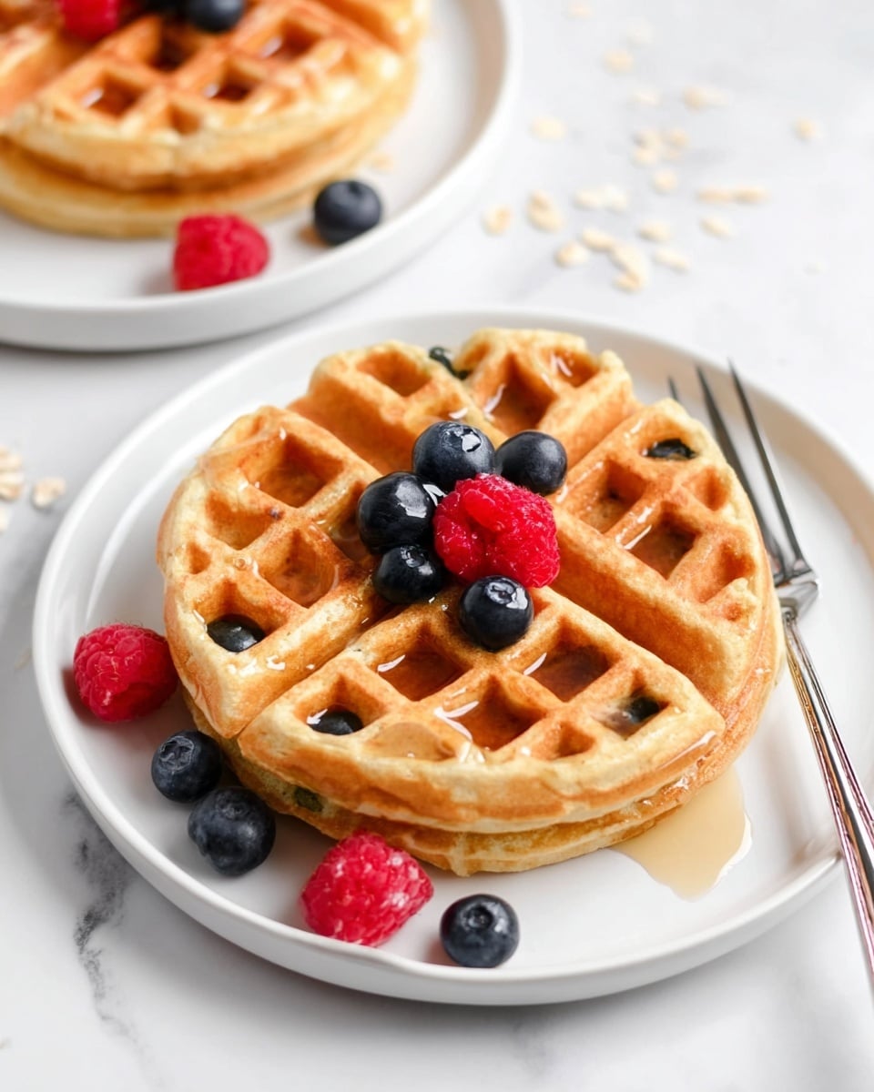 Two light brown waffles are stacked on a white plate, each waffle showing a grid pattern with syrup filling some of the squares. On the top waffle, there are three dark blue blueberries and one red raspberry arranged in the center, with additional blueberries and raspberries scattered on the plate around the waffles. A silver fork is positioned on the right side of the plate. The plate sits on a white marbled surface, with a few oat flakes scattered nearby. In the background, another white plate with waffles and berries is partially visible. Photo taken with an iphone --ar 4:5 --v 7