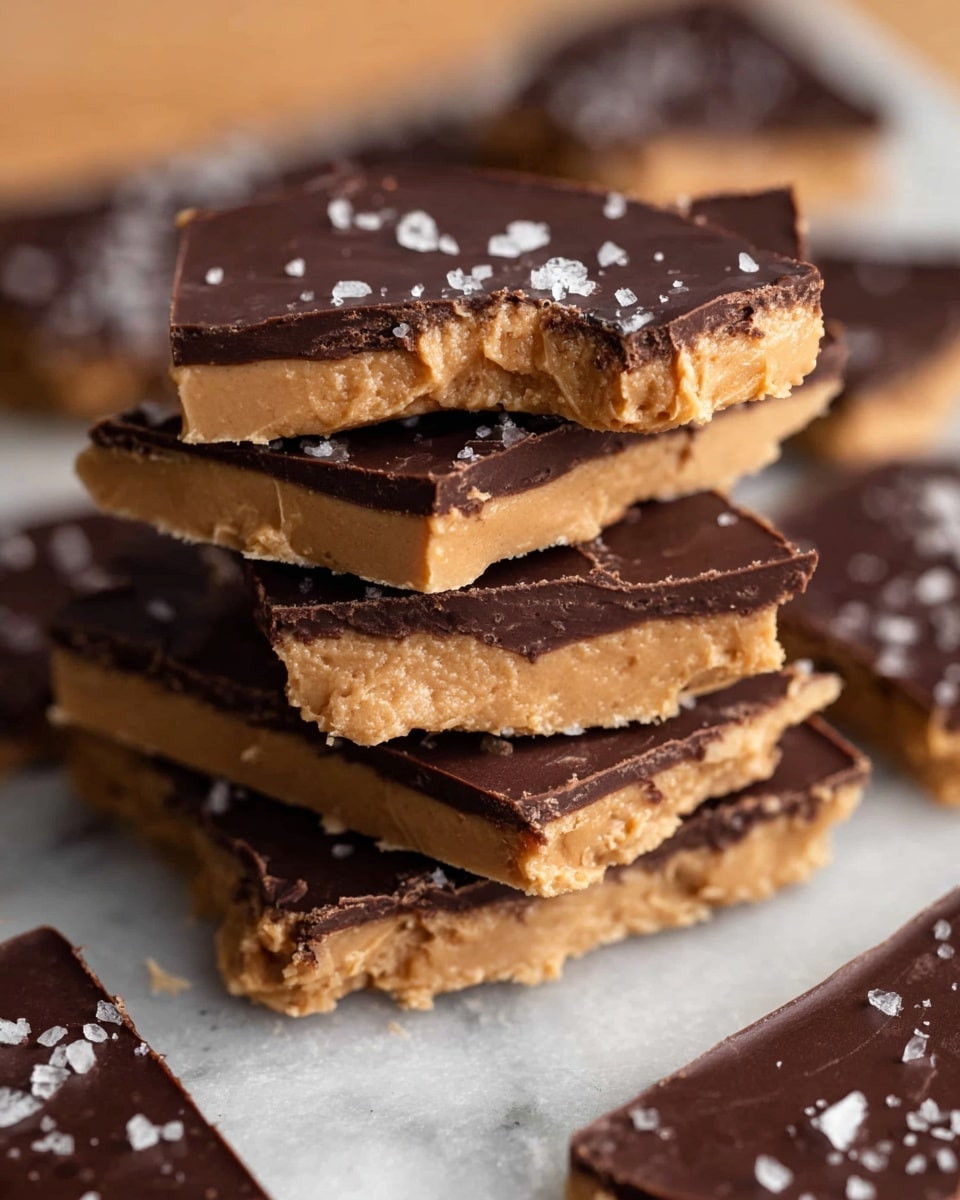 This image shows a stack of five pieces of chocolate peanut butter bark on a white marbled surface. Each piece has two layers: a thick, creamy light brown peanut butter layer on the bottom and a thinner, smooth dark brown chocolate layer on top. The chocolate layer is decorated with small flakes of sea salt. Some pieces have visible bites taken out of them, revealing the soft texture of the peanut butter layer under the firm chocolate. In the background, more pieces of bark lie flat, slightly out of focus. photo taken with an iphone --ar 4:5 --v 7