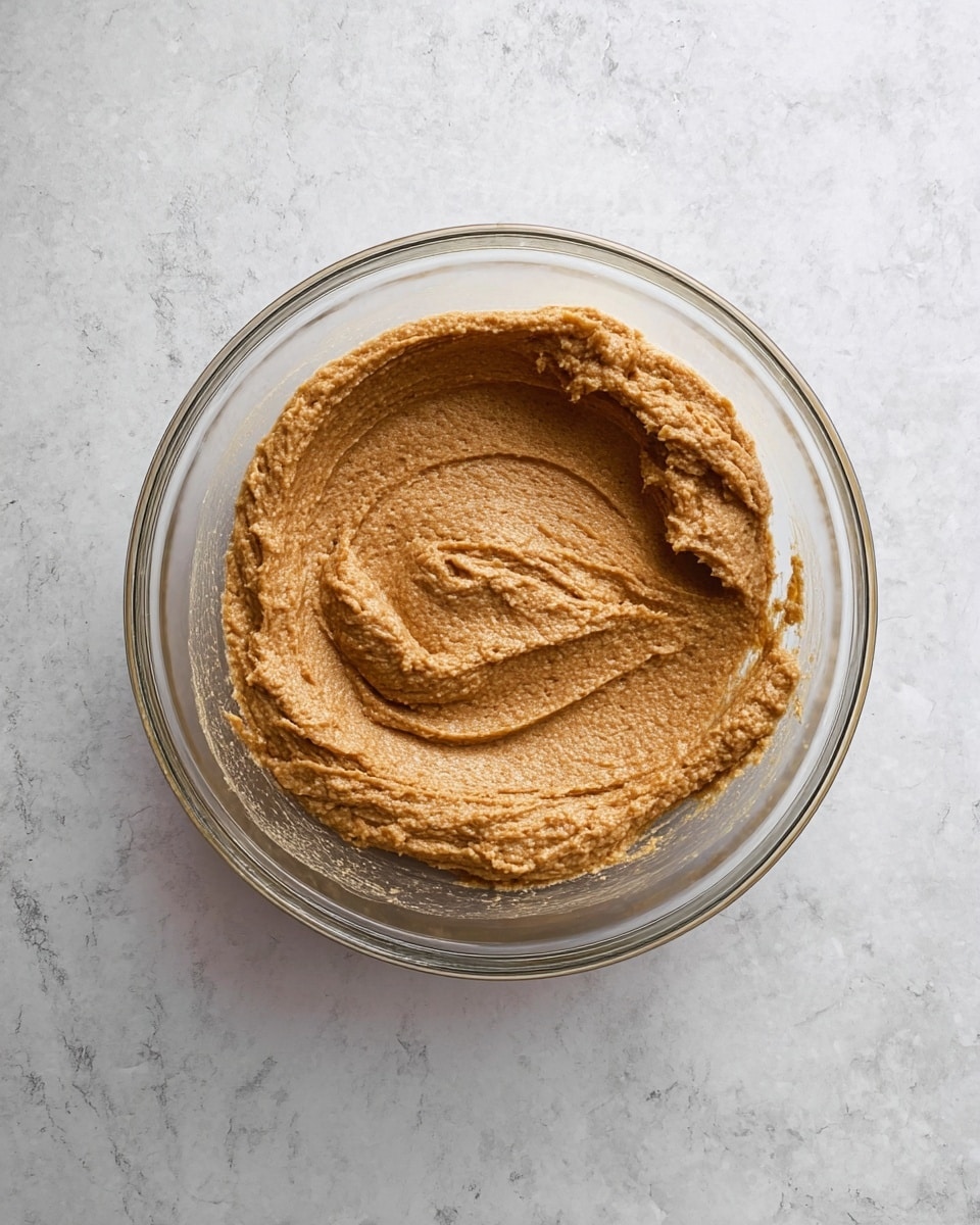 A clear glass bowl filled with a smooth, thick light brown dough that has a slightly grainy texture, with a curved swirl on one side creating a soft peak. The bowl is placed on a white marbled surface with subtle gray veins, and the dough appears freshly mixed and ready for baking. photo taken with an iphone --ar 4:5 --v 7