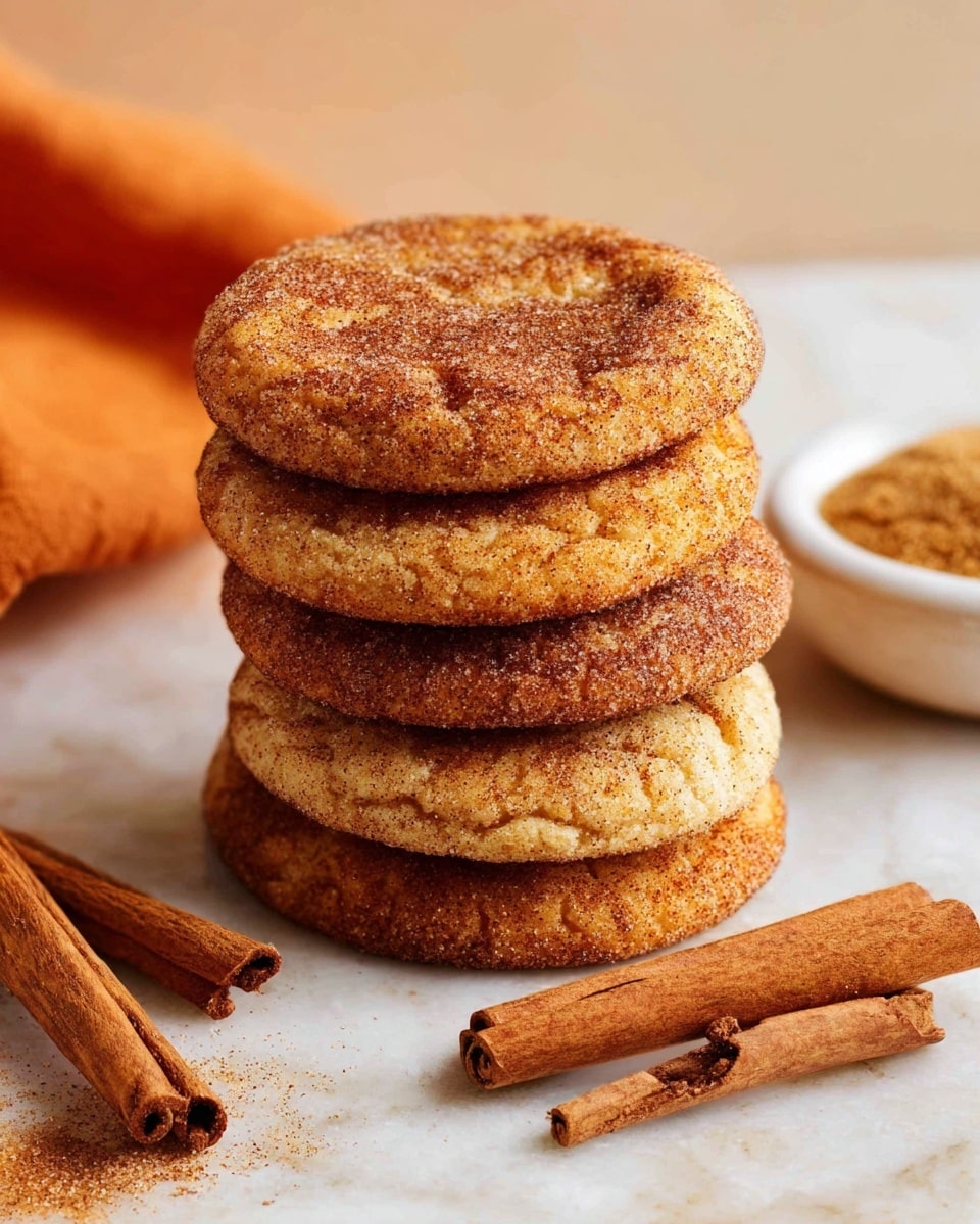 A stack of five round, golden brown cookies sits on a white marbled surface. Each cookie has a rough texture coated with a layer of cinnamon sugar, giving them a speckled look. The cookies are thick and slightly cracked on top, showing a soft inside. To the right of the stack, there are three cinnamon sticks arranged close together, while the background includes a soft orange cloth and a small white bowl filled with cinnamon sugar. Photo taken with an iphone --ar 4:5 --v 7