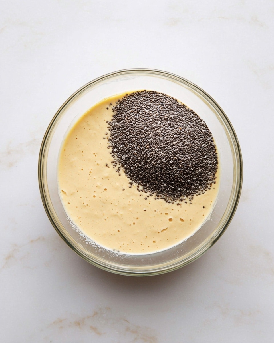 A clear glass bowl sits on a white marbled surface, filled with a mixture that has two main layers: a light beige, smooth batter-like base that covers most of the bowl and a mound of tiny, dark gray chia seeds resting on the upper right side of the batter, creating a rough textured circle. The surface of the batter is slightly uneven with small bubbles, contrasting with the dry seeds on top. Photo taken with an iphone --ar 4:5 --v 7