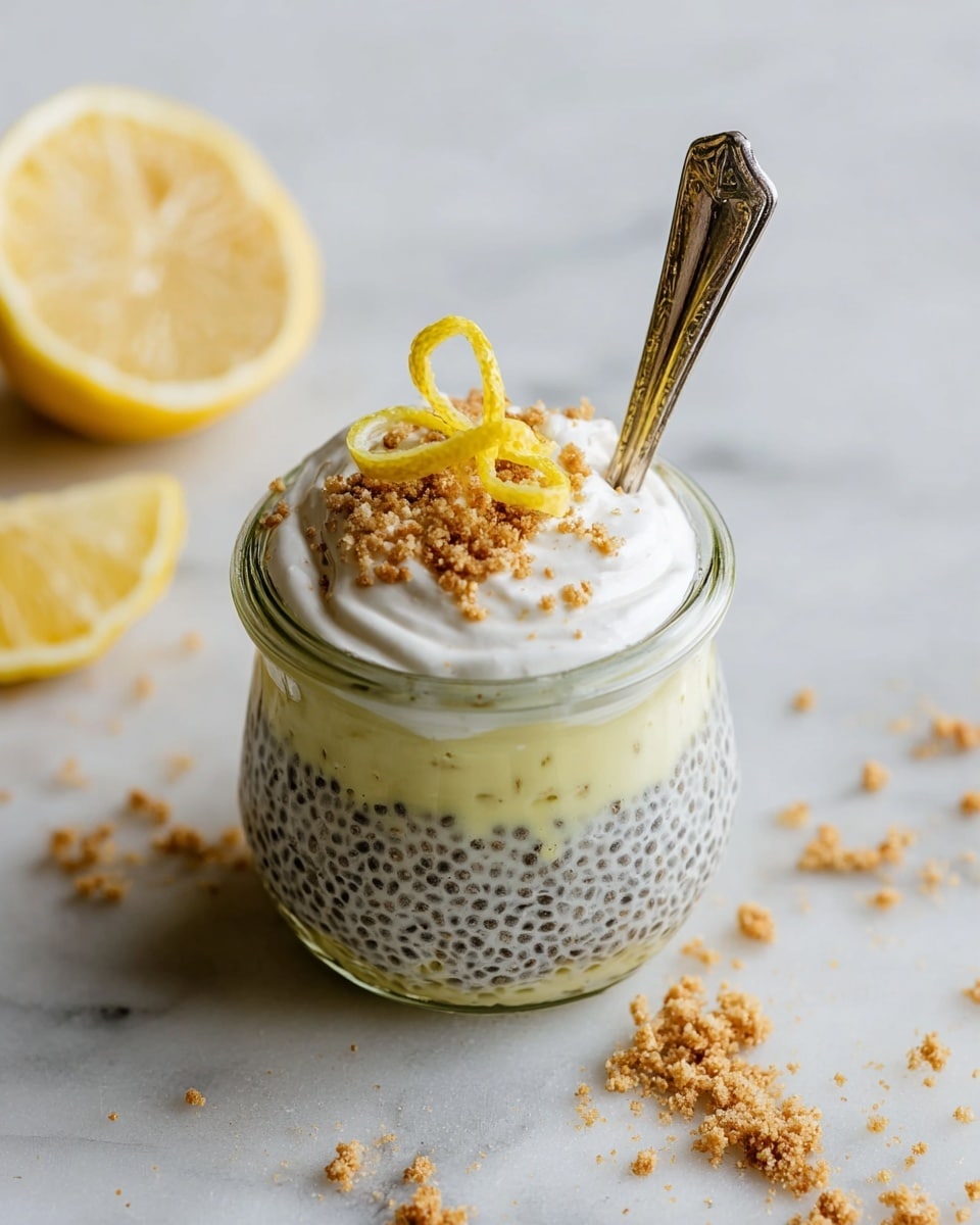 A small glass jar holds a three-layer dessert. The bottom layer is pale yellow with black chia seeds giving it a dotted texture. On top is a smooth white creamy layer, slightly swirled. Around the white layer's edge is a sprinkle of light brown crumbled topping. Two thin yellow lemon peels curl in the middle of the white layer. A silver spoon is placed inside the jar leaning against the rim. The jar sits on a white marbled surface with scattered light brown crumbs and lemon wedges around it. photo taken with an iphone --ar 4:5 --v 7