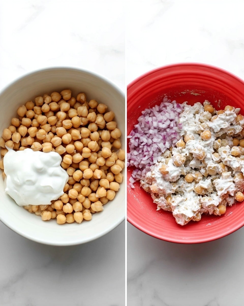 Two images side by side show the steps of mixing ingredients in a white bowl on a white marbled surface. On the left, the bowl contains three separate layers: light brown chickpeas covering most of the bottom, small piles of finely chopped light purple onion to the right, and a dollop of thick white yogurt to the left. On the right, the same bowl shows the ingredients fully mixed into a creamy, chunky white and light brown mixture, coating the chickpeas and onions. Both images are bright and clear, with a clean, minimal look. Photo taken with an iphone --ar 4:5 --v 7