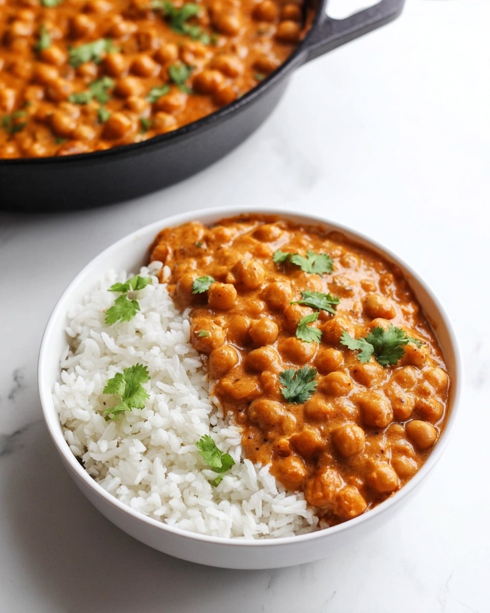 A white bowl with two layers: the left half filled with plain white rice, showing separate grains, and the right half covered in a thick, creamy orange-brown chickpea curry sauce with visible whole chickpeas. Fresh green cilantro leaves are sprinkled on top of the curry for color contrast. In the background, a black cast-iron skillet holds more of the curry, slightly out of focus, on a white marbled surface. Photo taken with an iphone --ar 4:5 --v 7
