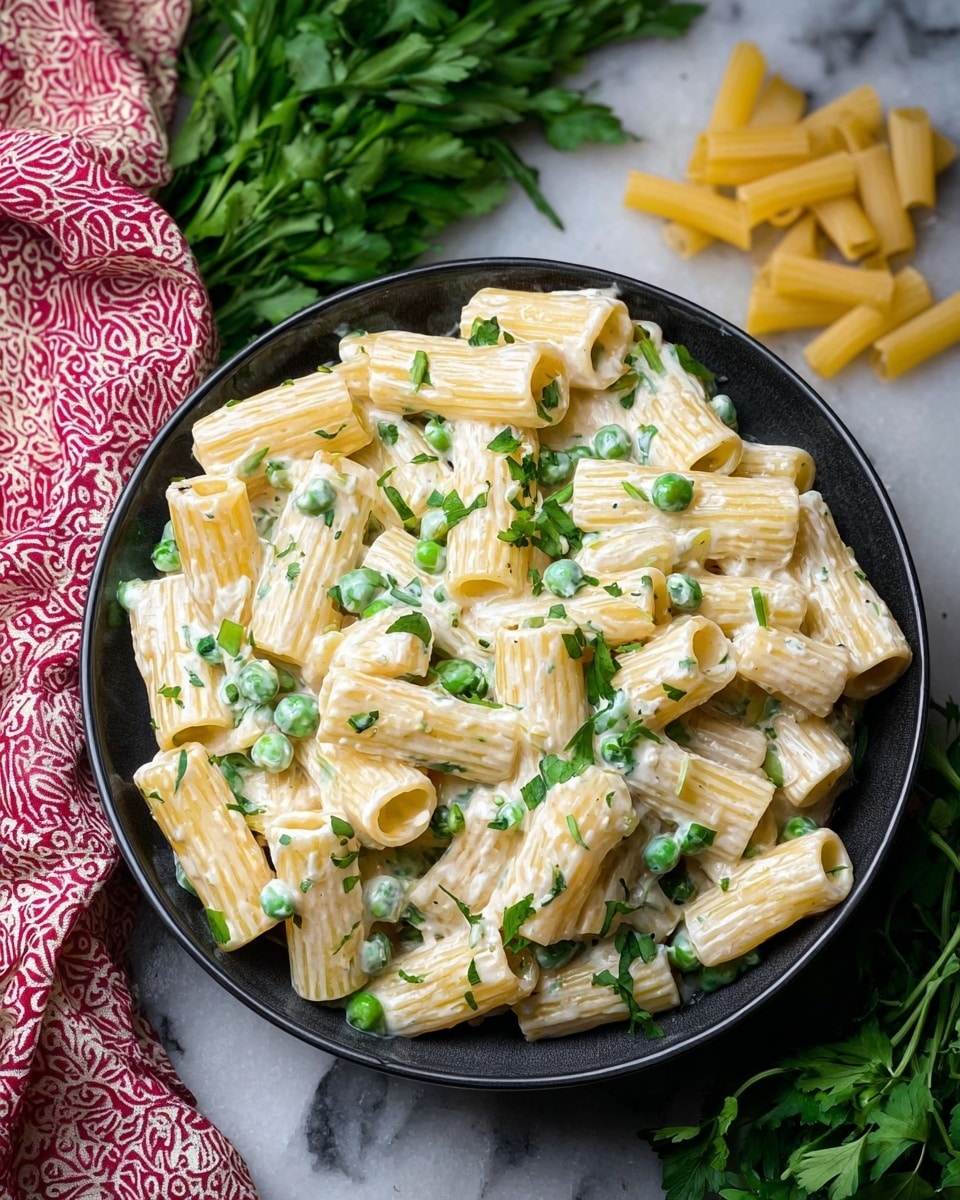 A close-up shows a black bowl full of rigatoni pasta, coated in a creamy white sauce mixed with small green peas and sprinkled with chopped green herbs. The rigatoni tubes are pale yellow and appear soft, closely packed and layered in the bowl. Around the bowl are some fresh herbs with leafy textures and a few pieces of uncooked pasta on a white marbled surface. To the left, a red and white patterned cloth adds a pop of color. The photo taken with an iphone --ar 4:5 --v 7