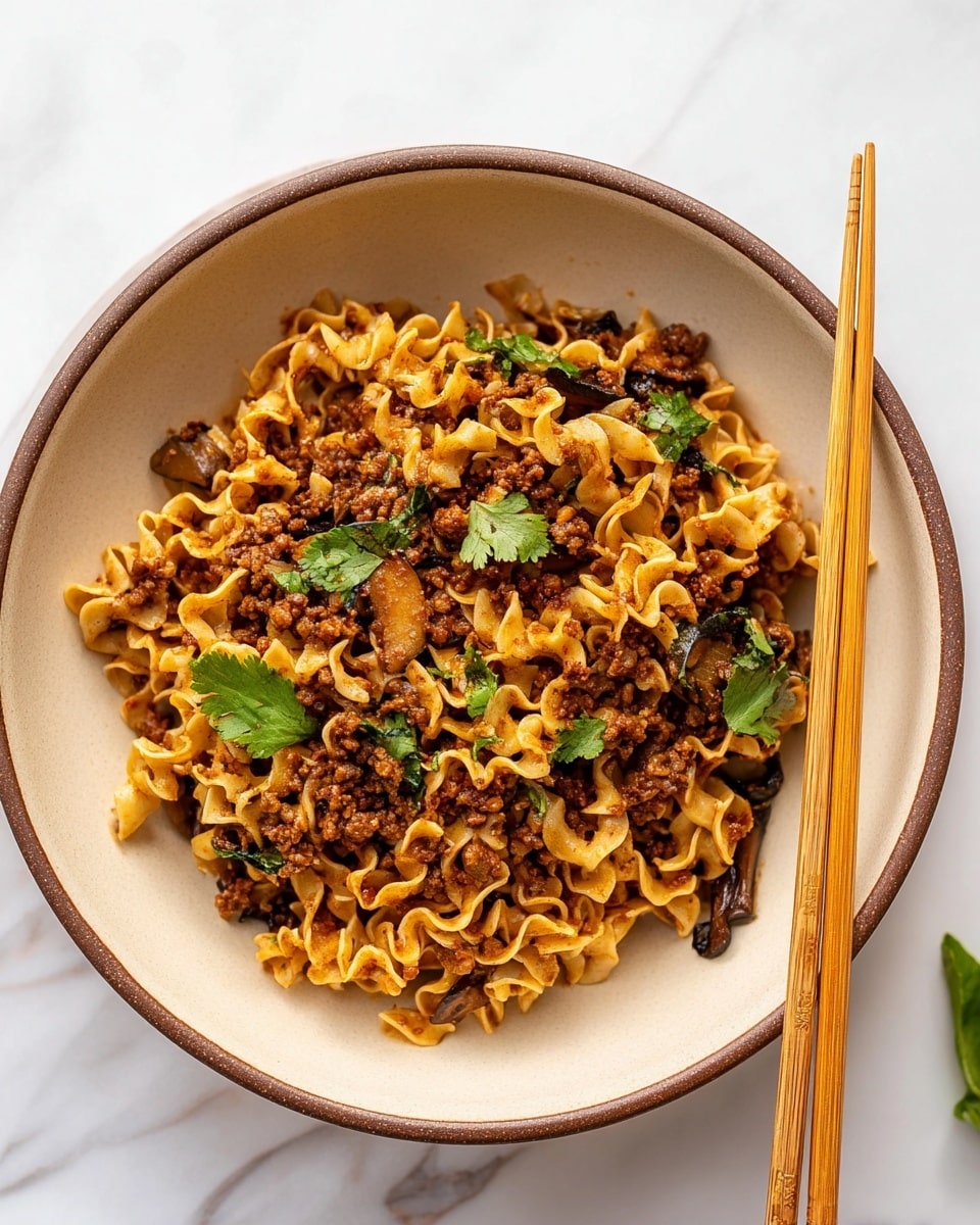 A beige bowl with a brown rim holds several layers of crinkly-edged pasta mixed with bits of browned ground meat and slices of mushrooms, all coated in a reddish-brown sauce. Scattered green cilantro leaves add a pop of color on top of the pasta. A pair of light wooden chopsticks rests on the right edge of the bowl, which sits on a white marbled surface. photo taken with an iphone --ar 4:5 --v 7