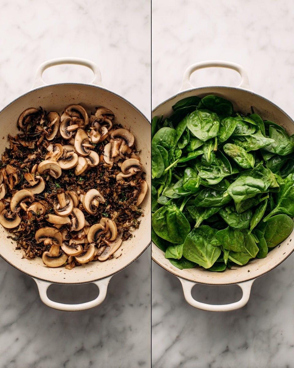 The image shows two white cooking pots on a white marbled surface, each filled with cooked food. The pot on the left has several slices of light brown mushrooms mixed with finely chopped dark brown ingredients, creating a textured, uneven layer across the bottom. The pot on the right contains the same mushroom mixture but with a fresh layer of bright green spinach leaves spread evenly on top, some spinach leaves curling slightly. Both pots have white handles, and the food is clearly seen against the light inside of the pots. Photo taken with an iphone --ar 4:5 --v 7