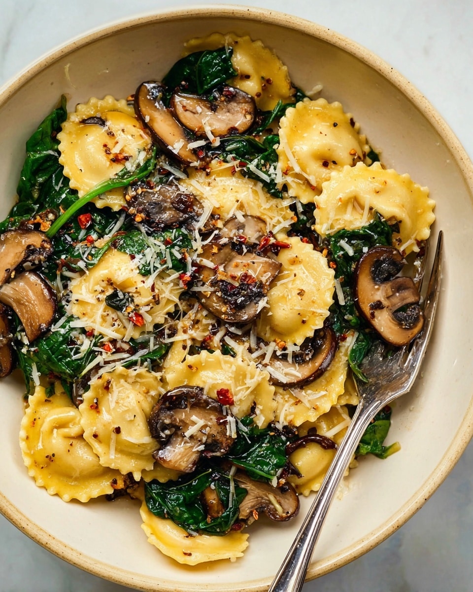 The dish shows a close-up of one layer of small ravioli pasta mixed with sautéed spinach and browned sliced mushrooms, all topped with a light sprinkle of shredded cheese and red chili flakes. The ravioli pieces are yellow with scalloped edges, the spinach is dark green with a soft texture, and the mushrooms are medium brown and tender looking. These ingredients rest in a plain white bowl with a simple rim, with a silver fork placed on the right side. The background is a white marbled texture. photo taken with an iphone --ar 4:5 --v 7