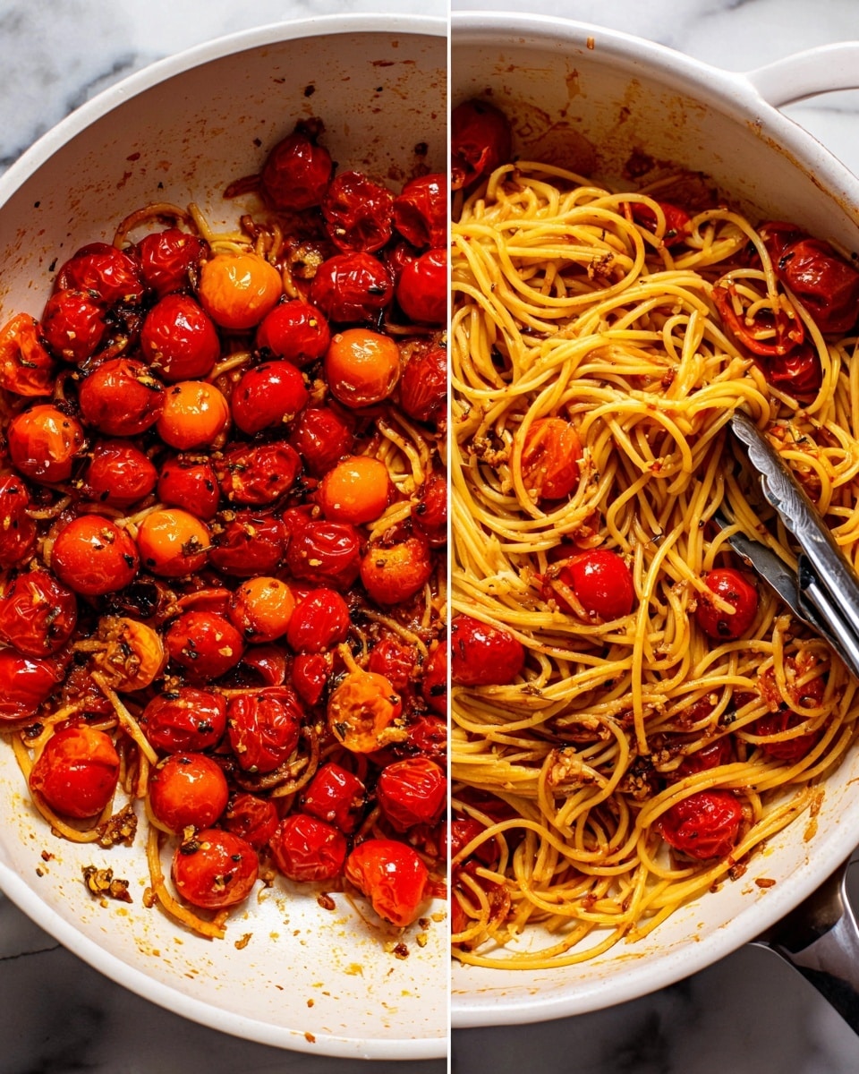 The left side shows a white pan with many red and orange cherry tomatoes, some whole and some cut in half, mixed with small bits of browned garlic and herbs, giving a lightly charred look. The right side shows cooked spaghetti pasta stirred in the same white pan with the tomatoes mixed throughout, the pasta golden-yellow and shiny with sauce, and the tomatoes softened and spread evenly in the pasta. A pair of black and silver tongs is mixing the pasta and tomatoes. The background is a white marbled texture. photo taken with an iphone --ar 4:5 --v 7
