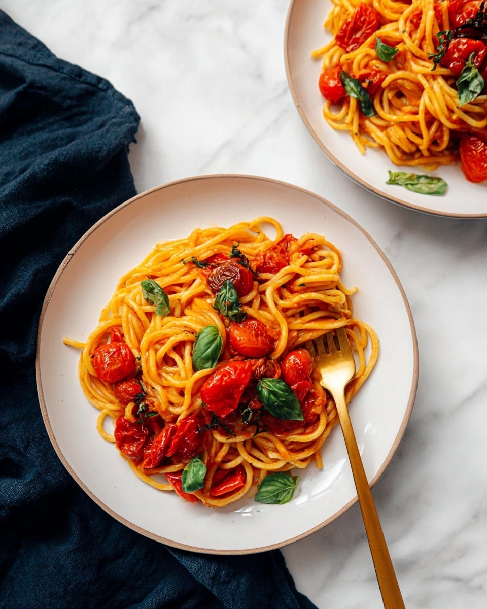 The image shows two white plates of pasta with a bright red tomato sauce. The pasta looks soft and is mixed with pieces of roasted cherry tomatoes that add a textured red layer. Fresh green basil leaves are scattered on top of the pasta, giving a fresh color contrast. The plate in the front has a gold fork resting on it, partially under the pasta. Both plates sit on a white marbled surface, with a dark blue cloth partially visible in the lower-left corner. The lighting is clear and natural, highlighting the vivid colors of the food photo taken with an iphone --ar 4:5 --v 7