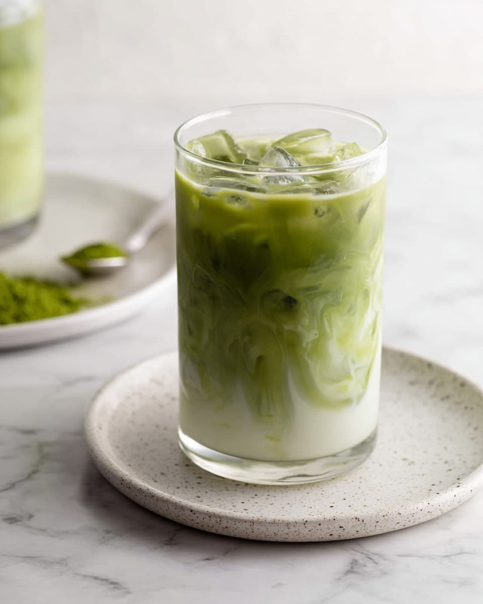 The image shows a clear glass filled with a two-layered iced matcha drink. The bottom layer is a creamy white color with green matcha powder gently swirling through it, creating a smooth marbled effect. On top is a light green layer with ice cubes floating inside. The glass is placed on a round white speckled plate, and in the background, there is a white plate with some green matcha powder and a small spoon, all set against a white marbled surface. photo taken with an iphone --ar 4:5 --v 7