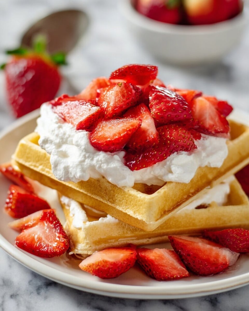A white plate holds two square golden waffles stacked with a thick layer of white whipped cream between them. On top of the waffles, there is a generous pile of bright red sliced strawberries, with more strawberries scattered around the base of the waffles on the plate. The white marbled surface underneath adds a clean and simple backdrop. The image captures the soft texture of the cream and the slight crunch of the waffles with natural light highlighting the vibrant colors photo taken with an iphone --ar 4:5 --v 7