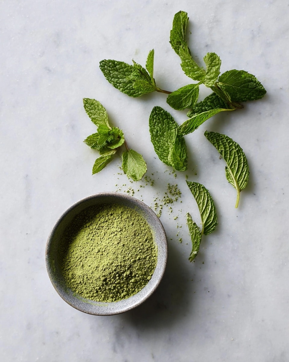 The image shows a small gray bowl filled with green matcha powder placed on a white marbled surface. Around the bowl, there are several fresh green mint leaves and small mint sprigs arranged casually, their vibrant color contrasting with the pale background. The texture of the matcha powder is fine and slightly clumpy, while the mint leaves are fresh with visible veins and a slightly rough surface. The scene has a simple, clean look with natural lighting. photo taken with an iphone --ar 4:5 --v 7