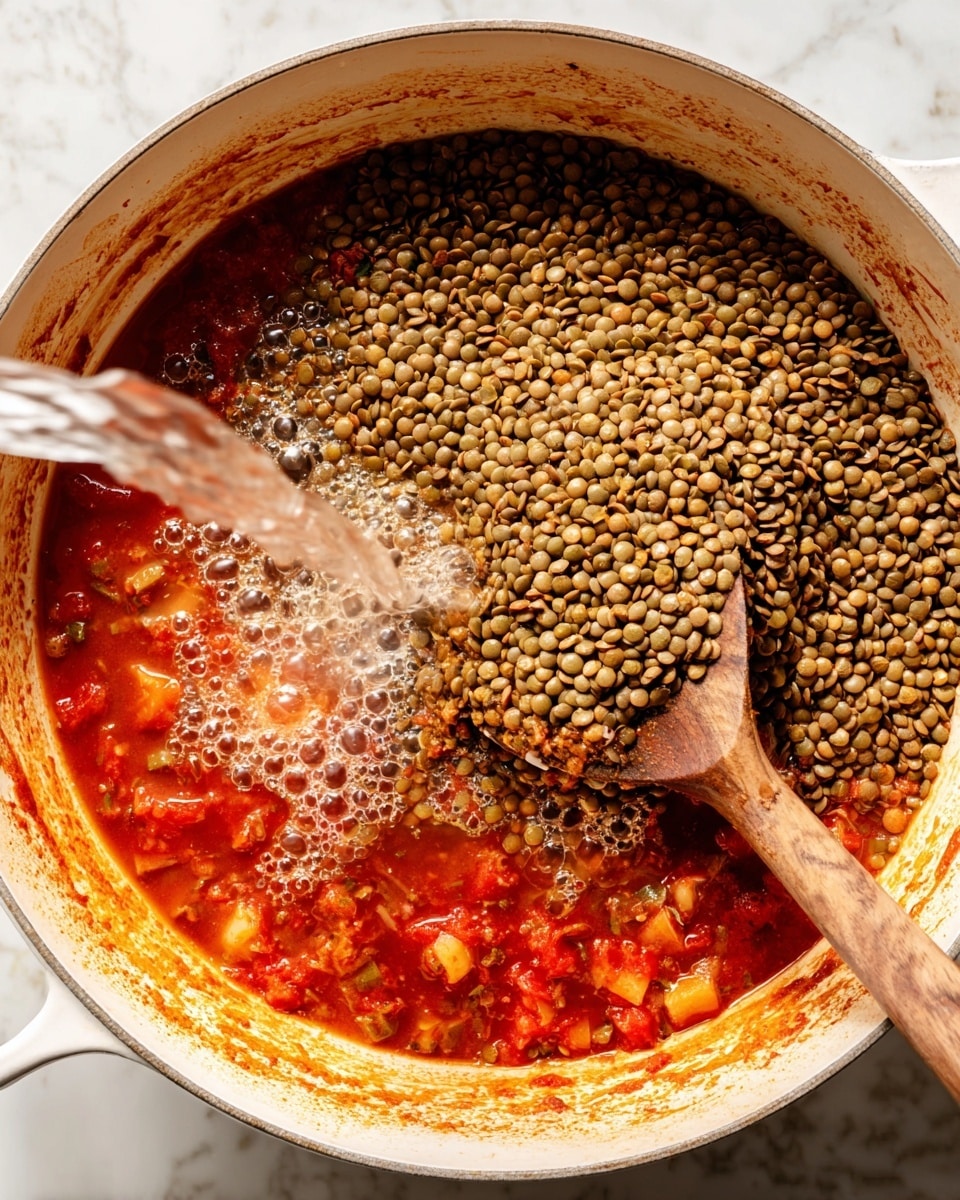 A white pot filled with several layers of cooking ingredients: the base layer is a thick red sauce with visible chunks of tomato and diced vegetables, surrounded by a reddish residue around the pot's sides; on top of that sits a large pile of dry greenish-brown lentils; a wooden spoon with a darker stained head is resting inside the pot on the right side, partially covered by the lentils; a stream of clear water is being poured into the pot from the left, causing small bubbles to form; the pot is placed on a white marbled surface. photo taken with an iphone --ar 4:5 --v 7
