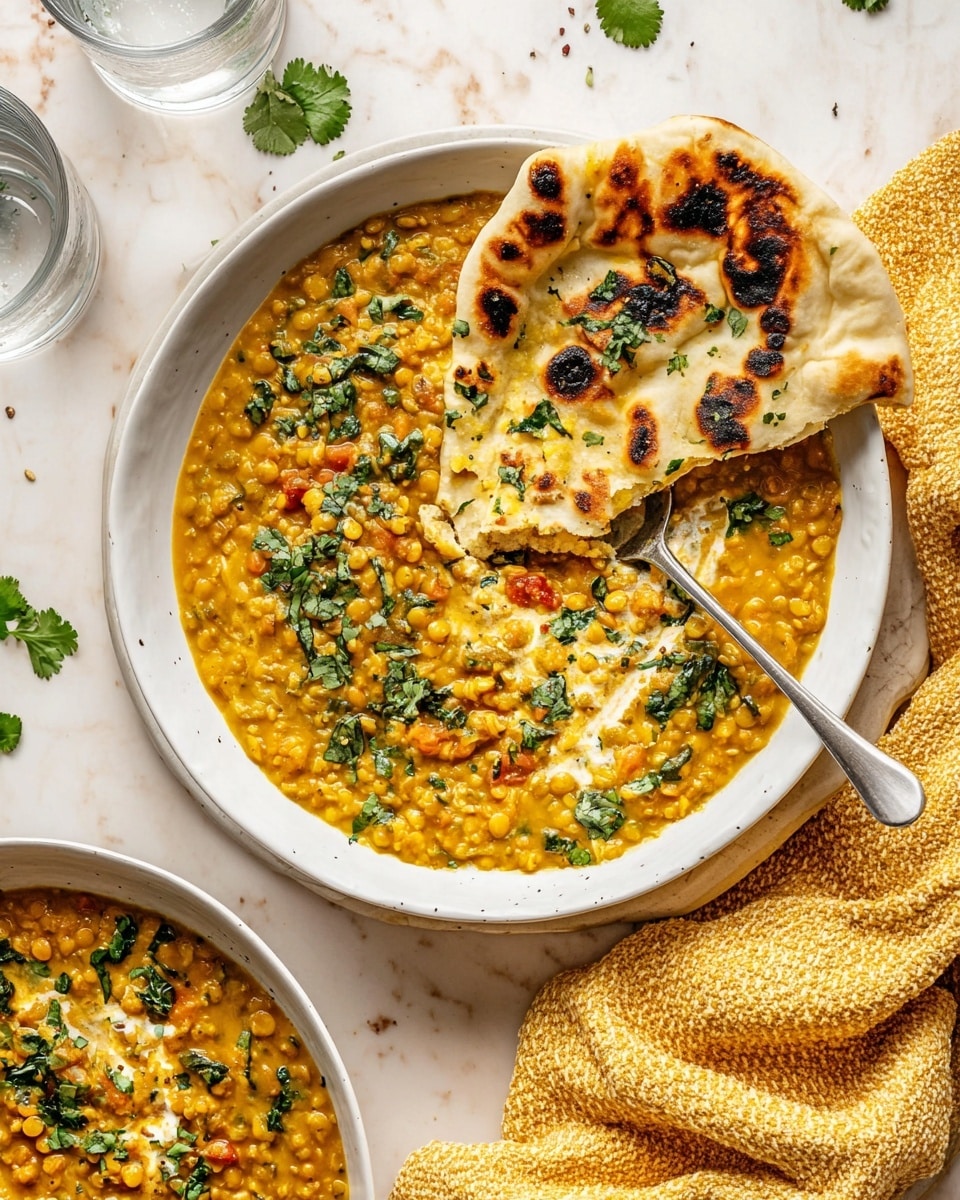 A white shallow bowl filled with a creamy yellow lentil curry with visible green herbs and small tomato pieces throughout, the texture looks smooth with soft lentils. On the right edge of the bowl, a piece of white naan bread with charred spots and green herbs rests partially in the curry. A silver spoon is placed inside the curry to the left side of the bowl. The bowl sits on a white marbled surface scattered lightly with green cilantro leaves. In the lower part of the image, part of another bowl with the same curry and spoon is visible. A folded yellow textured cloth lies near the bowl, and two clear water glasses are partially shown on the upper and right edges. Photo taken with an iphone --ar 4:5 --v 7
