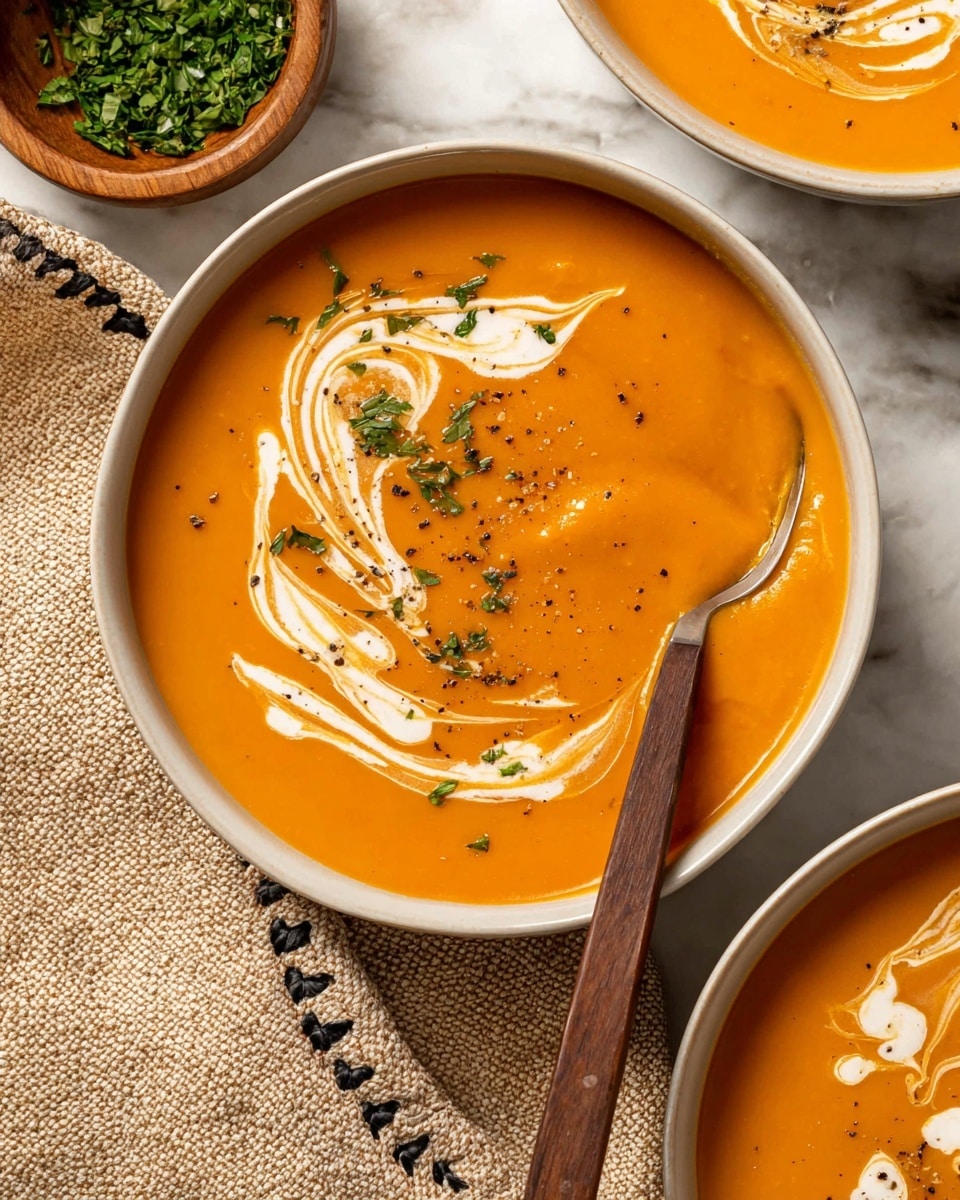 A bowl of thick, smooth orange soup fills a white bowl, topped with swirls of white cream forming leaf-like patterns near the center. Small green herb pieces and black pepper dots are sprinkled over the cream and soup. A shiny wooden spoon rests inside the bowl on the right side. The bowl sits on a white marbled surface, and there is a beige textured cloth with black stitching near the bottom left corner. Part of another similar bowl and a small wooden bowl with chopped green herbs appear at the edges of the image photo taken with an iphone --ar 4:5 --v 7