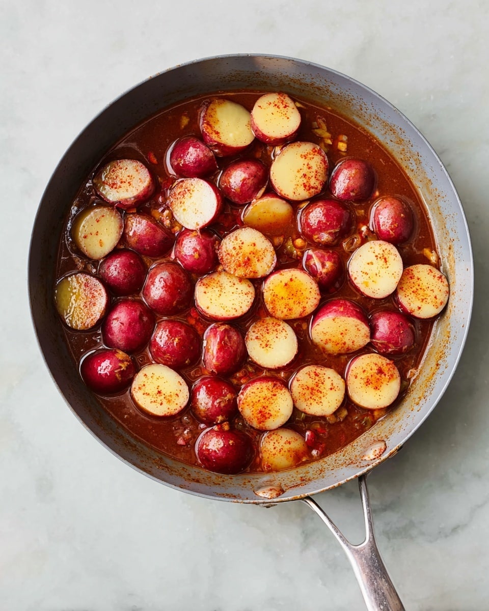 A gray pan with a metal handle sits on a white marbled surface, filled with a thick reddish-brown sauce base layered with small red potatoes halved and placed evenly on top, showing smooth, pale yellow insides and deep red skins, some potatoes sprinkled lightly with reddish seasoning, the sauce slightly thick and clinging to the pan sides, creating a rich and hearty look. photo taken with an iphone --ar 4:5 --v 7