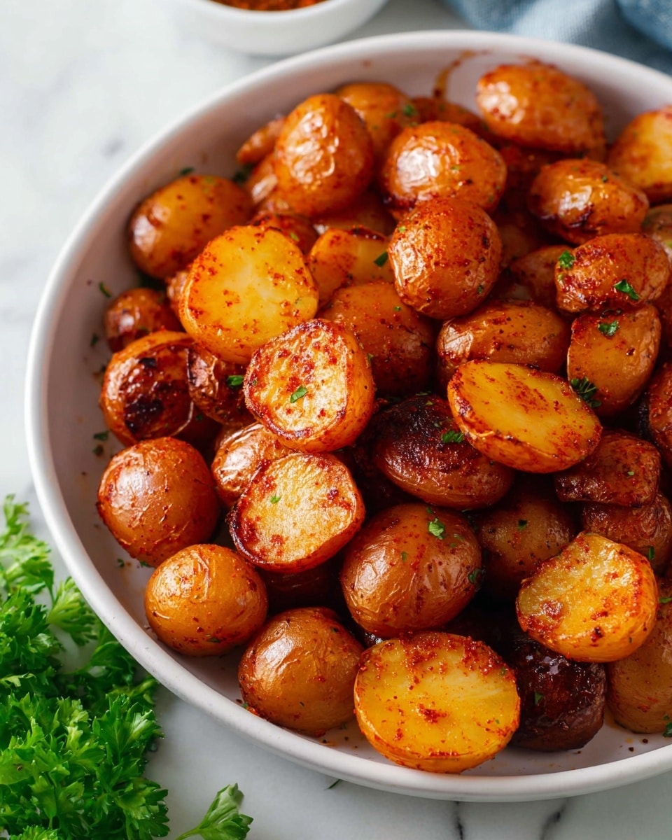 A white bowl filled with small, halved baby potatoes that have a shiny, golden brown, and slightly crispy texture. The potatoes are coated in a reddish-brown seasoning and appear well cooked, with some edges darker from roasting. The bowl sits on a white marbled surface with a few green parsley leaves partially visible at the bottom left corner. The overall look is warm and appetizing, showing the rich colors and textures of the roasted potatoes. photo taken with an iphone --ar 4:5 --v 7