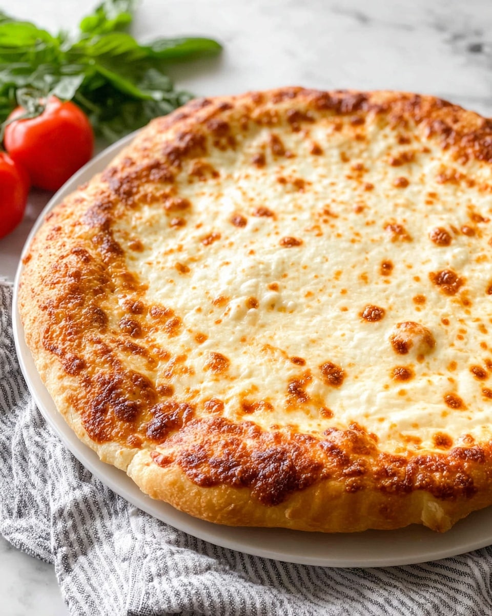 A close-up image of a cheese pizza placed on a round, white plate. The pizza has one layer of thick, golden crust that is slightly browned and textured with small bubbles at the edge. The main layer is fully covered with melted mozzarella cheese that is white and light yellow with some golden brown spots showing slight bubbling. The pizza is laid on a clean white marbled surface, with a fresh red tomato, some green leaves, and a gray and white striped cloth partially visible around it, giving a fresh and simple look. photo taken with an iphone --ar 4:5 --v 7