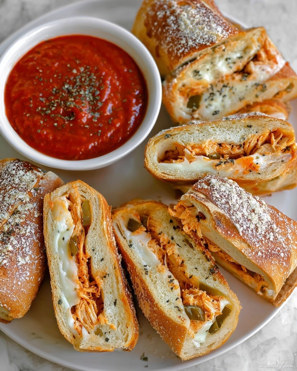 The image shows several pieces of stuffed bread cut into long, narrow slices arranged on a round white plate with a white marbled texture in the background. Each piece has three visible layers: the outer golden-brown baked crust dusted with white powder, a middle layer of melted white cheese, and an inner layer of shredded orange-colored filling with some small white bits and slices of green peppers. Next to the bread slices, there is a small white bowl filled with thick red tomato sauce sprinkled with green dried herbs on top. The melted cheese and seasoning give a textured look to the filling and sauce. Photo taken with an iphone --ar 4:5 --v 7