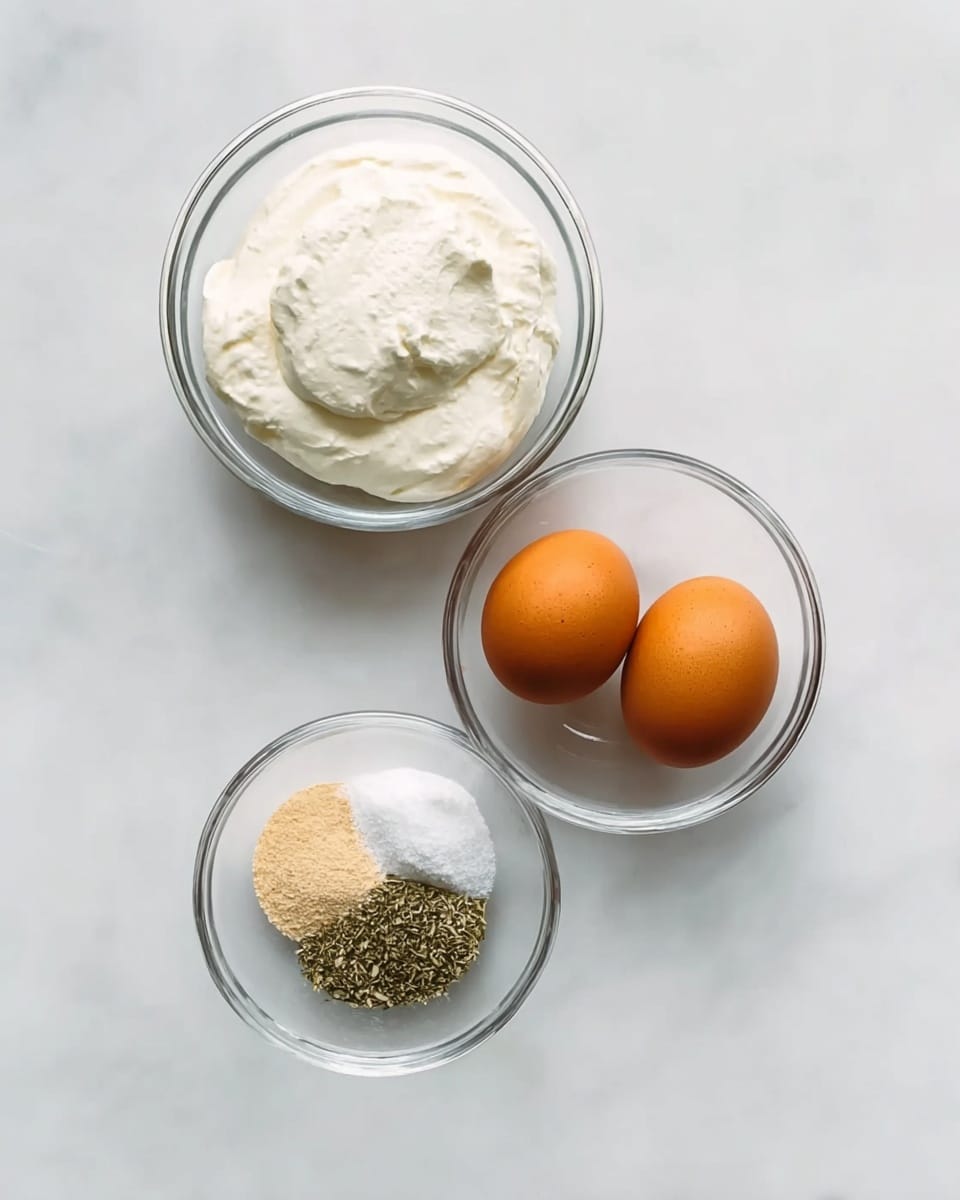 The image shows three small glass bowls placed on a white marbled surface. The top bowl contains white curd with a soft, smooth texture, filling the bowl fully. Below it, a smaller bowl holds two brown eggs with smooth shells, positioned side by side. At the bottom, the smallest bowl has three different spices: a small pile of white salt, a beige granular powder, and a sprinkling of green dried herbs, separated but within the same bowl. The arrangement is neat and well-spaced, with soft natural light illuminating the scene. photo taken with an iphone --ar 4:5 --v 7