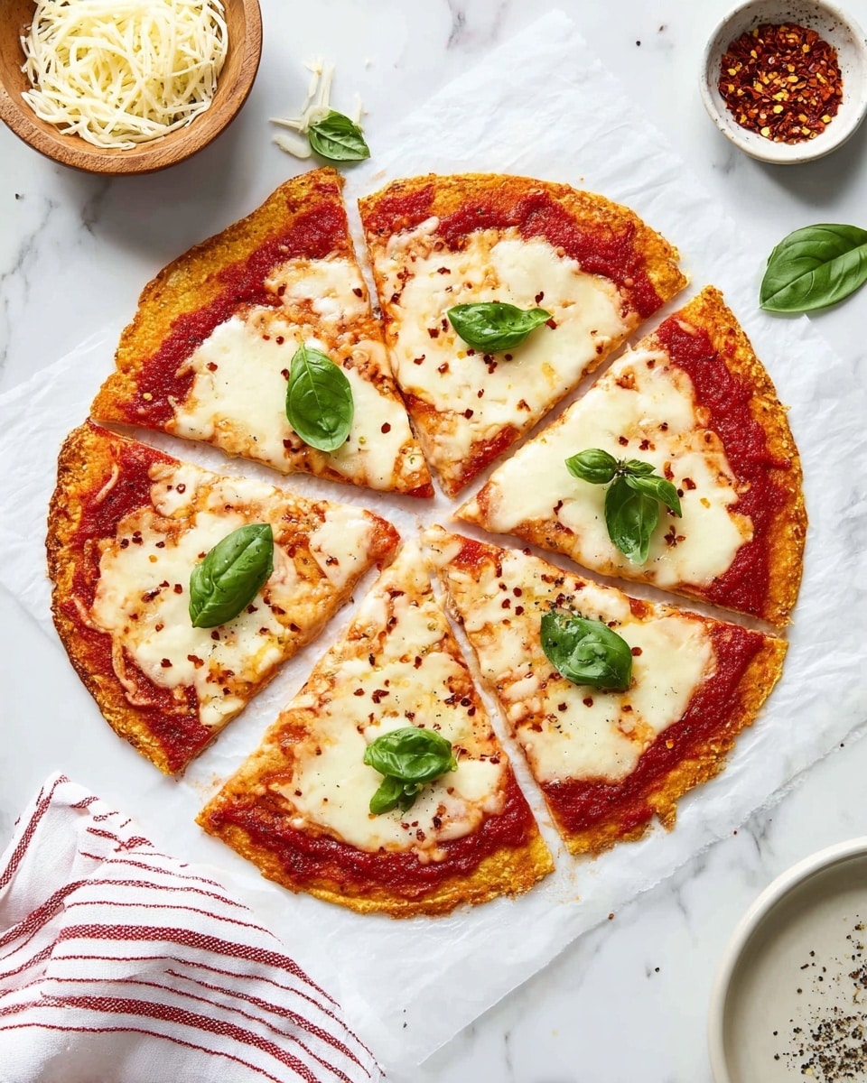 The image shows a thin pizza cut into six slices on white parchment paper over a white marbled surface. The pizza has three layers; the base is a light golden brown crust, topped with a bright red tomato sauce spread evenly, and melted white mozzarella cheese scattered in uneven patches across the top. Fresh green basil leaves are placed on five of the slices. Around the pizza, on the white marbled surface, there is a small wooden bowl with white shredded cheese on the left, a light-colored bowl with red chili flakes on the top right, and a white plate with black specks near the bottom left corner. A white cloth with red stripes is placed at the bottom right edge near the pizza photo taken with an iphone --ar 4:5 --v 7