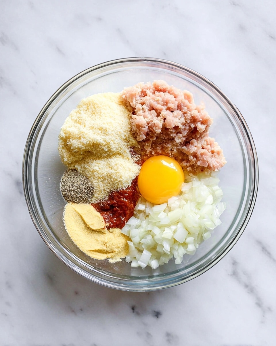 A clear glass bowl with six different ingredients arranged in separate sections: pale pink ground meat on the top right, finely chopped white onions at the bottom right, a whole raw egg with a bright yellow yolk next to the onions, a small pile of salt and pepper in the middle, light yellow breadcrumbs and finely grated white cheese stacked on the left side, and two sauces one mustard yellow and one reddish brown placed near the bottom left. The bowl is placed on a white marbled surface. Photo taken with an iphone --ar 4:5 --v 7