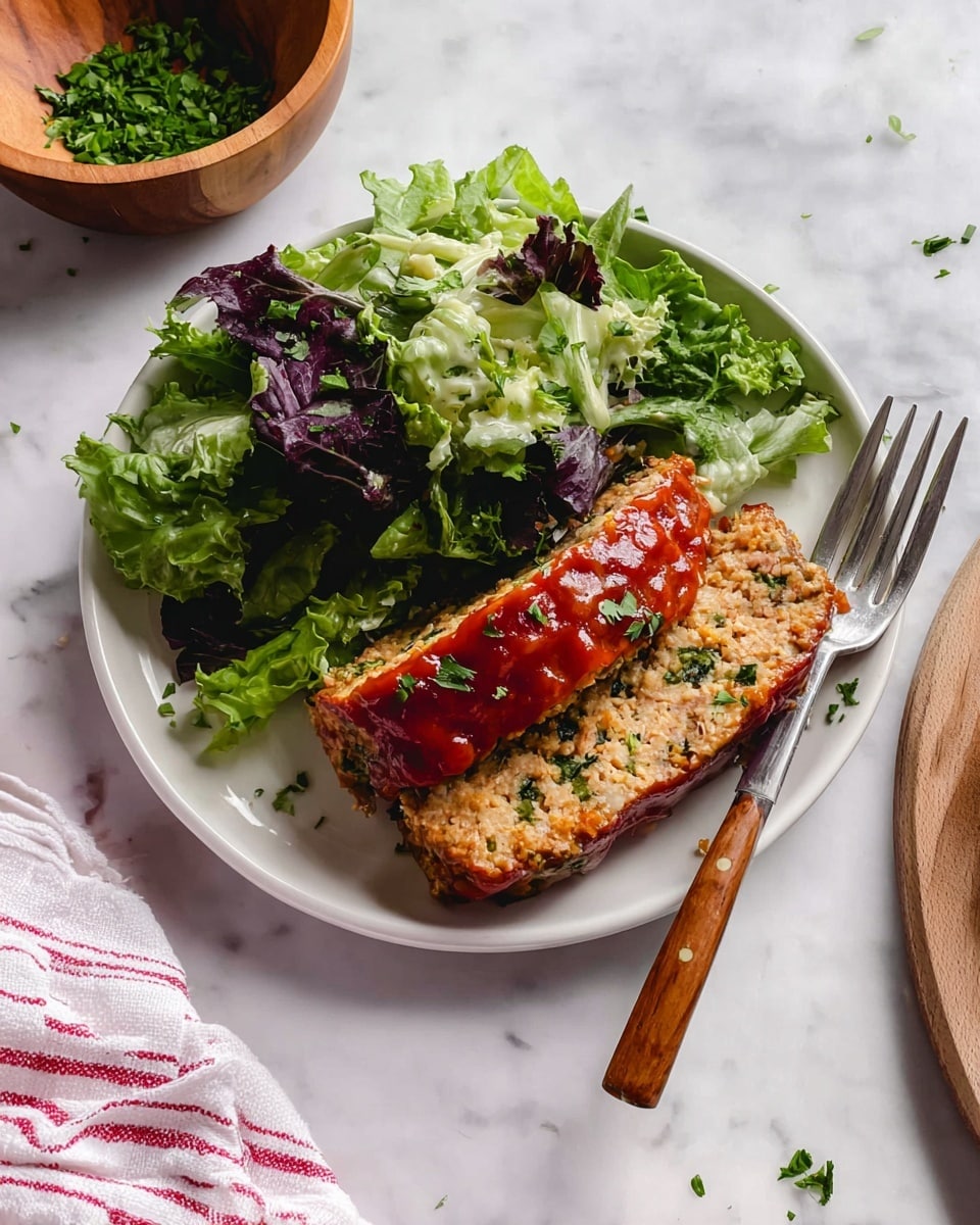 On a white plate, there are two thick slices of a light brown meatloaf with green herbs inside. The top slice is covered with a shiny reddish sauce. Next to the meatloaf, on the left side of the plate, there is a fresh salad made of mixed green and purple leafy vegetables covered with a creamy light green dressing. The plate is placed on a surface with a white marbled texture. Nearby, there is a wooden bowl with chopped green herbs and a fork with a light brown wooden handle resting on the surface. A white and red striped cloth is partially visible on the right edge. photo taken with an iphone --ar 4:5 --v 7