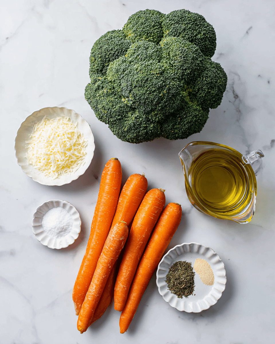 The image shows fresh ingredients arranged neatly on a white marbled surface. A large green broccoli head is positioned at the top right, showing its detailed texture. Below it, a bunch of seven long, bright orange carrots lay close together, their skins smooth but marked with natural lines. To the left, a small white bowl contains finely grated pale yellow cheese, and just below it, a small round white container holds white salt. Near the broccoli, a small fluted white dish holds two different dried spices, one dark green and the other light beige. At the bottom right, a glass pitcher with a clear handle holds golden yellow oil, reflecting light softly. The overall layout is clean with a soft natural light highlighting the freshness of the ingredients photo taken with an iphone --ar 4:5 --v 7