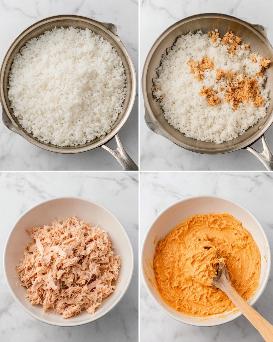 Four images in a white marbled background show a cooking process. Top left has a metal pan filled with plain steamed white rice spread evenly. Top right shows the same pan with pieces of rice now browned and crisped in spots. Bottom left displays a white bowl with shredded tuna on one side and bright orange sauce on the other. Bottom right features the same white bowl with the tuna and sauce mixed into a smooth, creamy orange-tinted tuna spread, a wooden spoon resting inside. Photo taken with an iphone --ar 4:5 --v 7