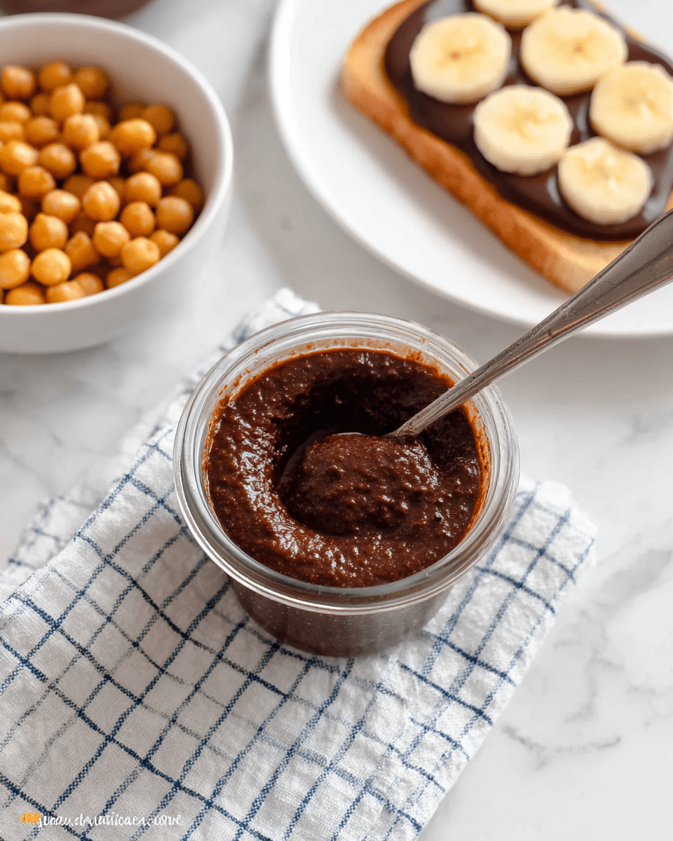 The image shows a small glass jar filled with a thick, dark brown paste with a slightly rough texture, placed on a white and blue checkered cloth over a white marbled surface. A silver spoon is dipped into the paste inside the jar. In the background, a white bowl filled with whole, light brown chickpeas is visible in the upper left corner. In the lower right corner, there is a white plate holding a piece of brown toast topped with a smooth dark spread and three round slices of banana arranged in a row. Photo taken with an iphone --ar 4:5 --v 7