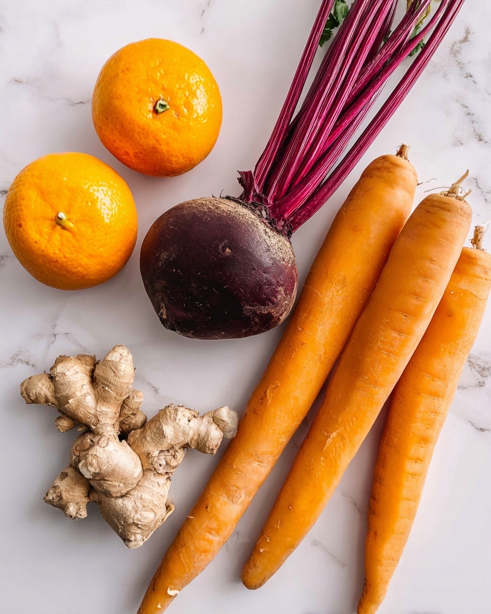 The image shows a group of fresh vegetables and fruits placed on a white marbled surface. On the left, there are two bright orange fruits with smooth skin. Next to them is a round, dark purple beetroot with long, red stems and some green leaves at the top. In the center bottom area, there is a knobby, light brown ginger root. On the right side, there are four large, bright orange carrots with a slightly rough texture and green tops removed. The items are spread out and not layered on top of each other. photo taken with an iphone --ar 4:5 --v 7