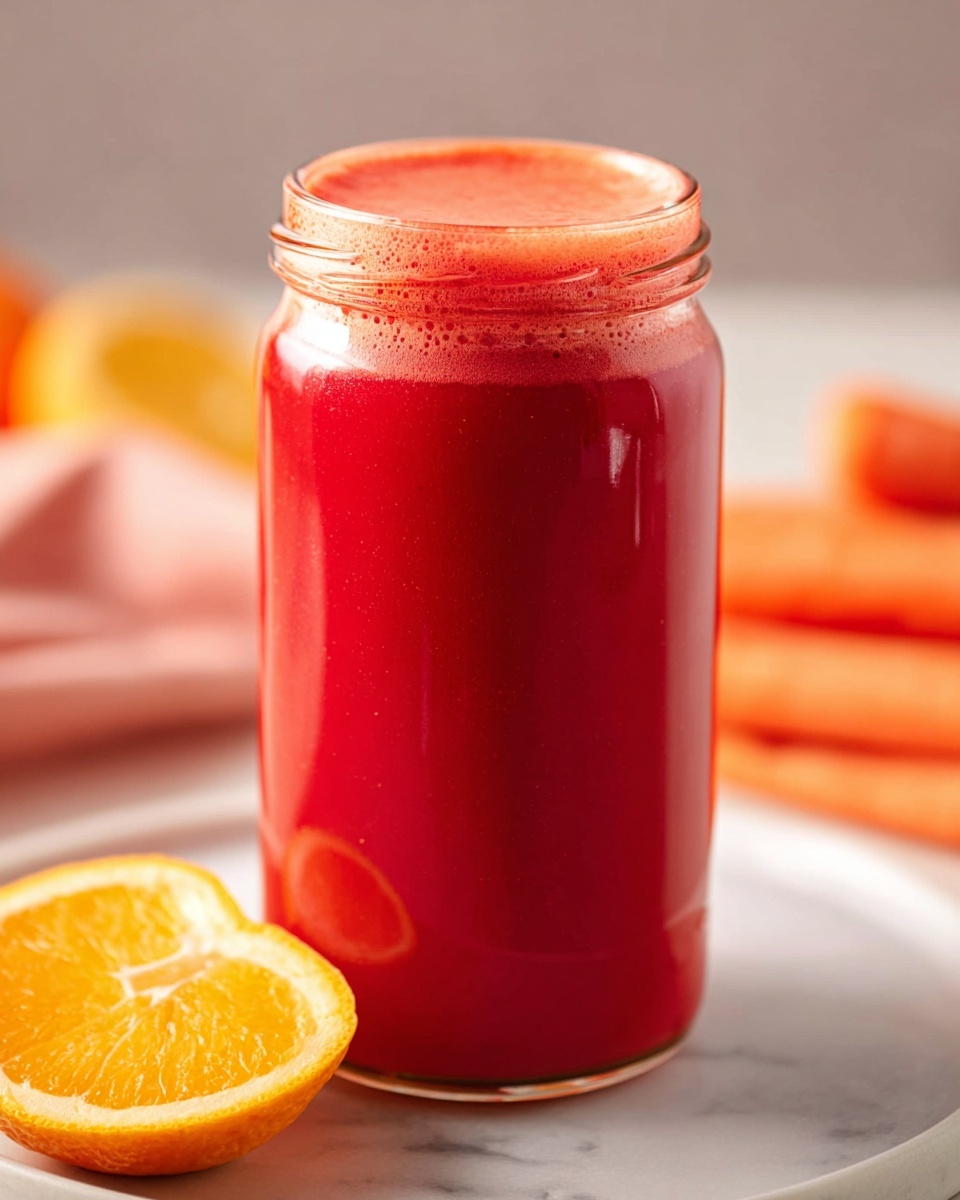A tall clear glass jar filled with bright red juice, with a smooth texture and a thin layer of foam on top. The jar is placed on a white plate with a round cut orange slice and a white marbled surface visible underneath. In the back, blurred orange and carrot shapes add warm colors to the soft background. photo taken with an iphone --ar 4:5 --v 7