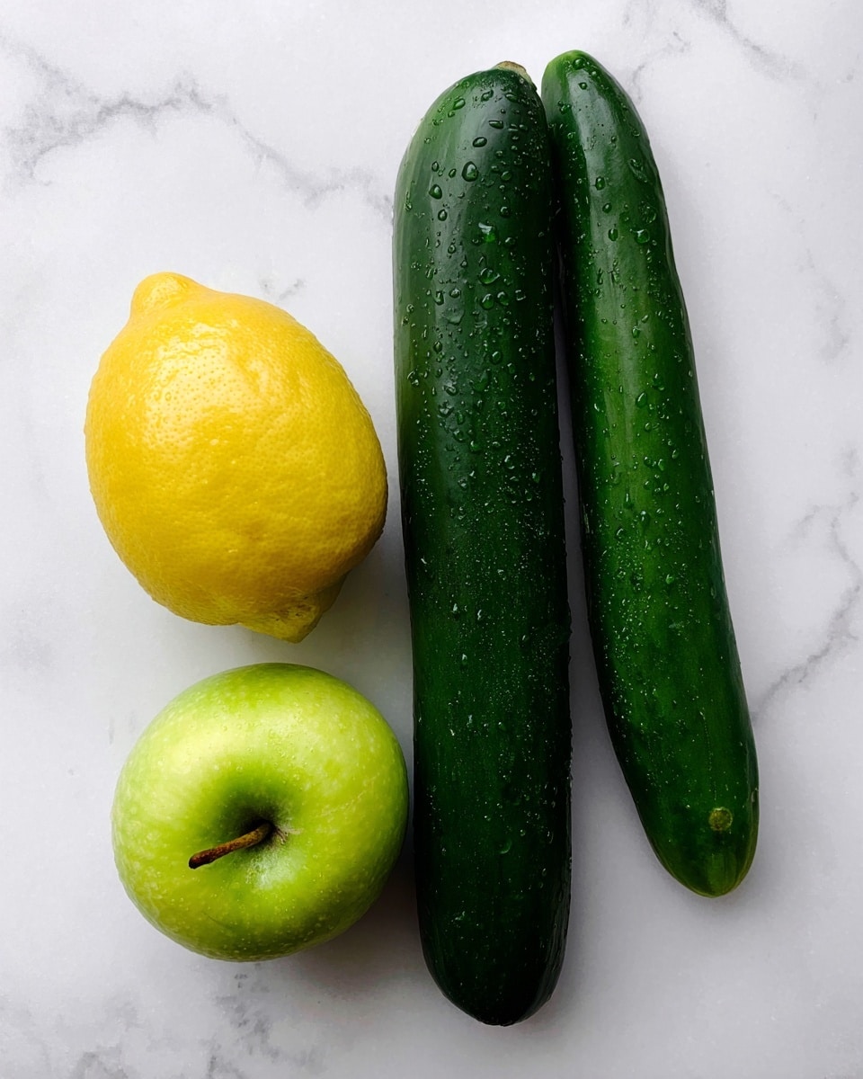 The image shows two long, dark green cucumbers with water droplets on their smooth skin positioned vertically on the right side, a bright yellow lemon with a slightly bumpy texture placed near the lower left, and a shiny green apple with a small stem and smooth surface near the upper left, all arranged on a white marbled surface. photo taken with an iphone --ar 4:5 --v 7