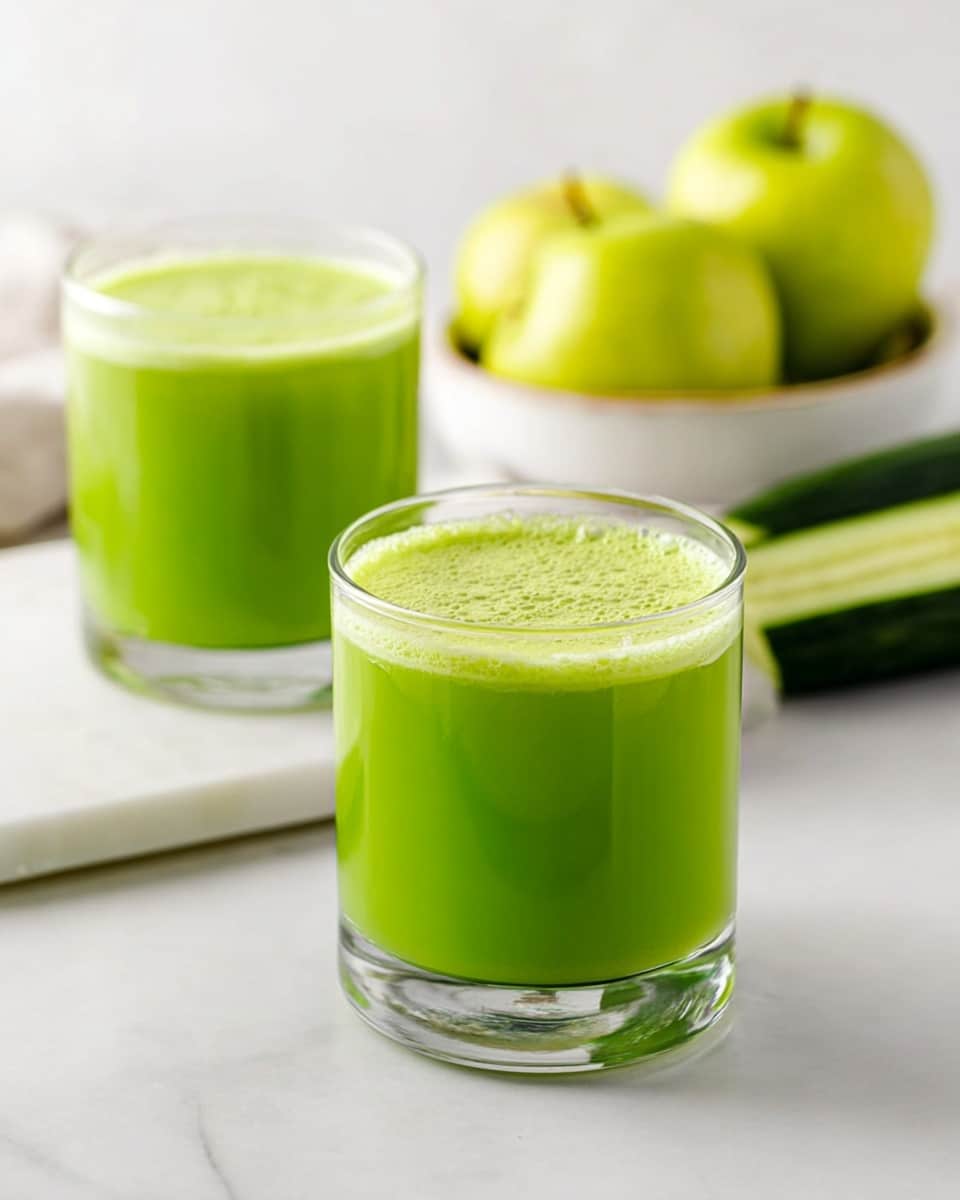 Two clear glasses sit on a white marbled surface, each filled with bright green juice with a smooth, slightly frothy top layer. In the background, to the right, there is a white bowl holding three shiny green apples and a dark green cucumber is sliced and placed on the same white marbled surface near the bowl. The background is mostly white, giving the scene a fresh and clean look. Photo taken with an iphone --ar 4:5 --v 7