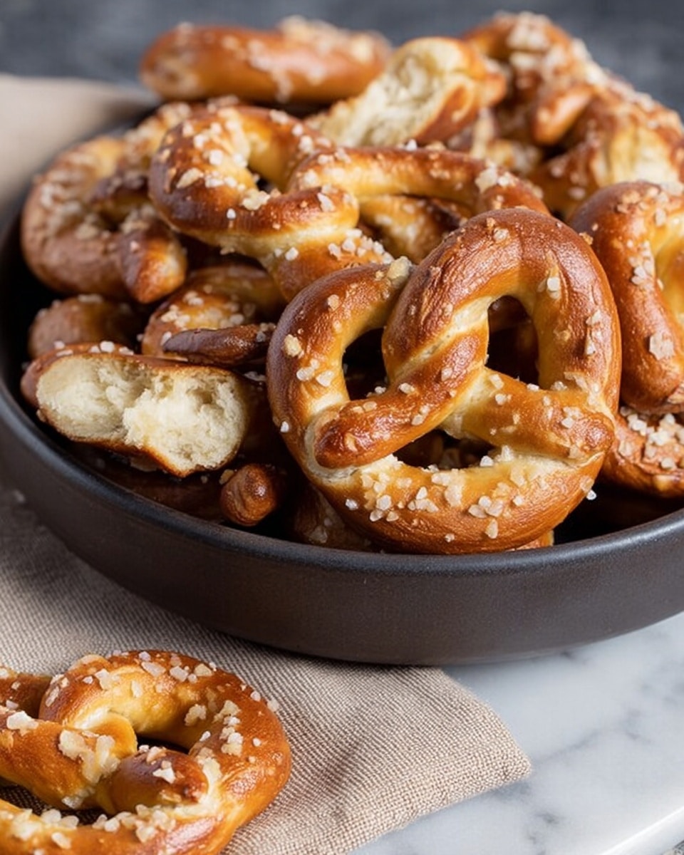 A dark bowl filled with many small, soft pretzels that are golden brown with a shiny crust and sprinkled with coarse salt. The pretzels have a twisted loop shape with some broken pieces showing the light, soft inside. One pretzel sits outside the bowl on a beige cloth, resting on a white marbled surface. The scene shows detailed textures of the crunchy outer crust and the salt grains. photo taken with an iphone --ar 4:5 --v 7
