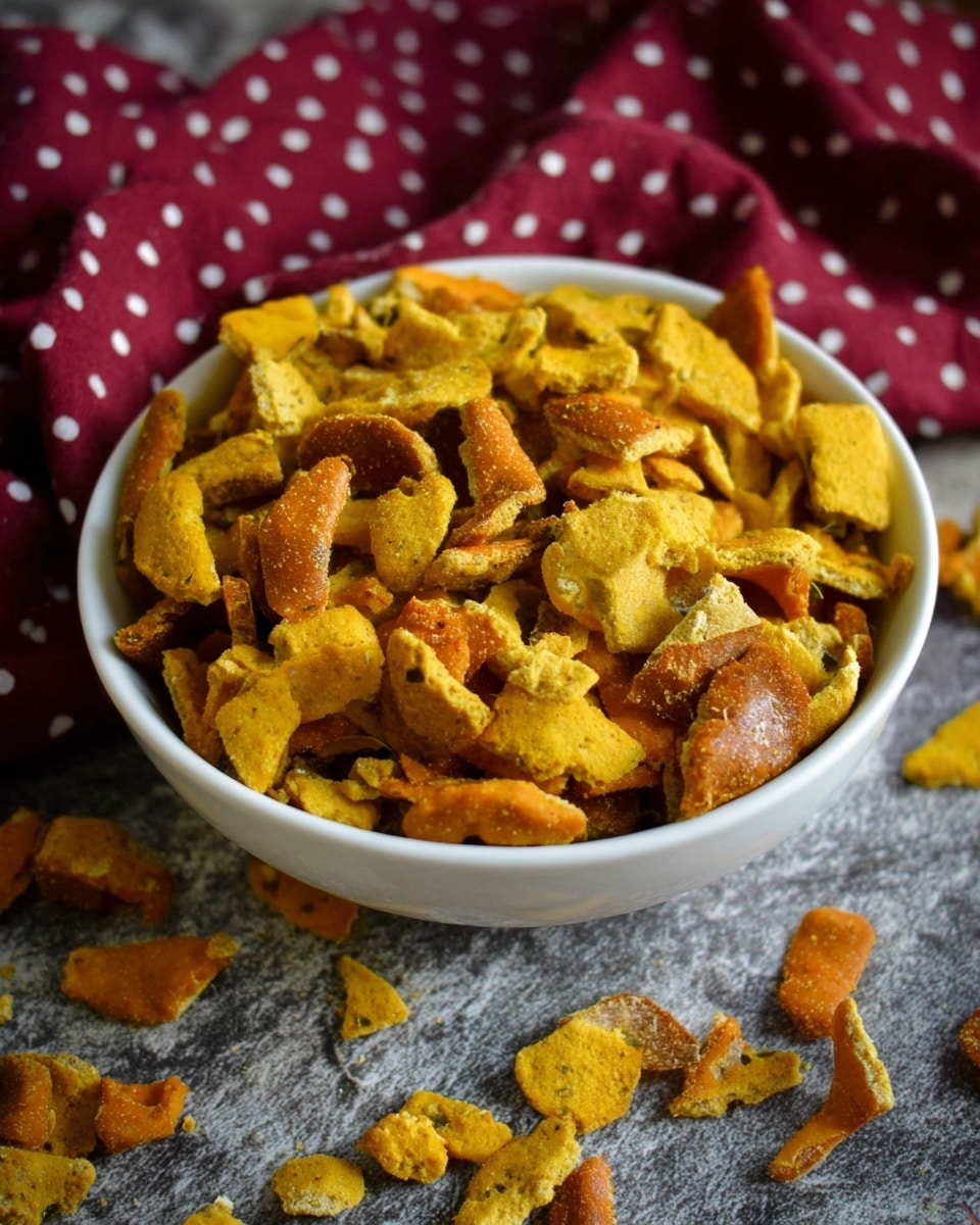 A white bowl filled with broken crunchy snack pieces that have a mix of yellow and brown colors, showing a rough texture on the yellow parts and smooth, shiny brown crusts. The pieces are uneven in size and scattered around the bowl, with some lying on a gray stone-like surface nearby. A dark red cloth with white polka dots is in the background, creating a cozy feeling. The photo is taken with an iphone --ar 4:5 --v 7